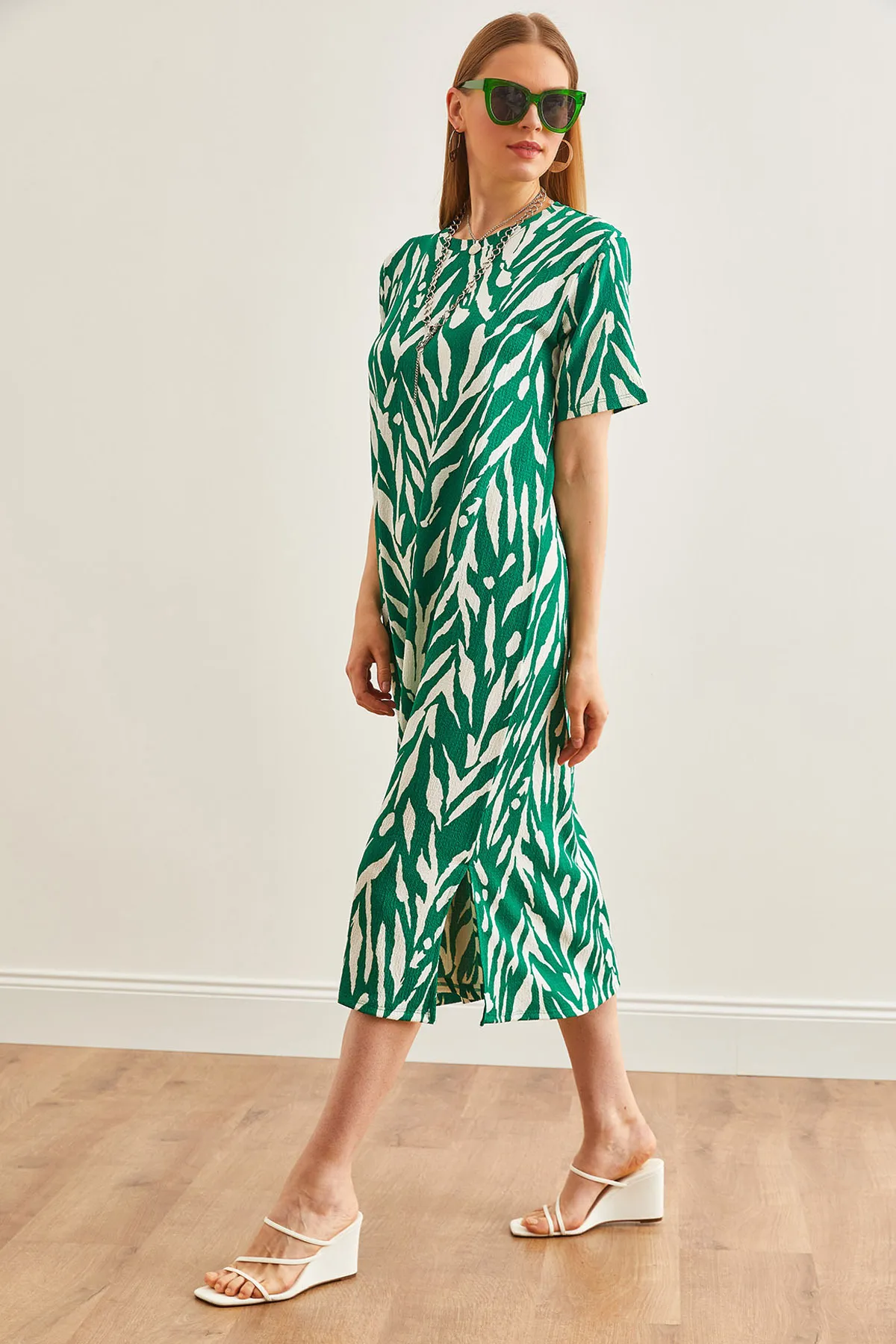 Olalook  Blatt Smaragdgrün Oversize Baumwolle Damen Kleid - Seitenschlitz ELB-19001880