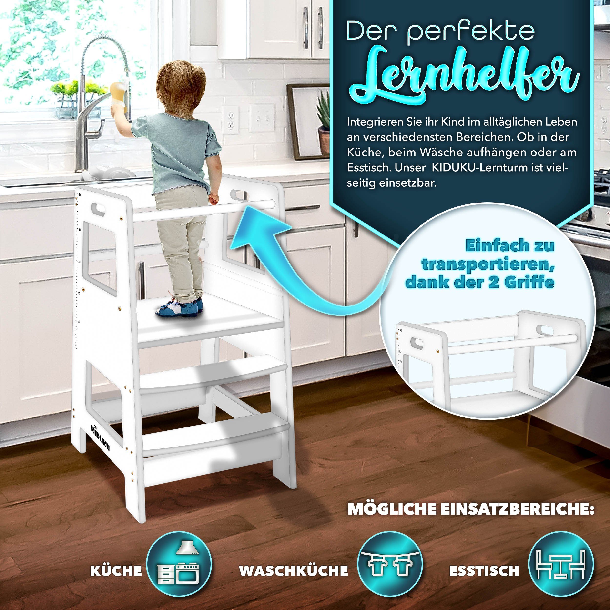 KIDUKU Stehhilfe Lernturm aus Holz ab 1 Jahr mit 4 Stück Antirutsch Pads (Montessori Kinder-Schemel für Kinder), Lerntower für höchste Sicherheit, Learning Tower für Mädchen & Jungen