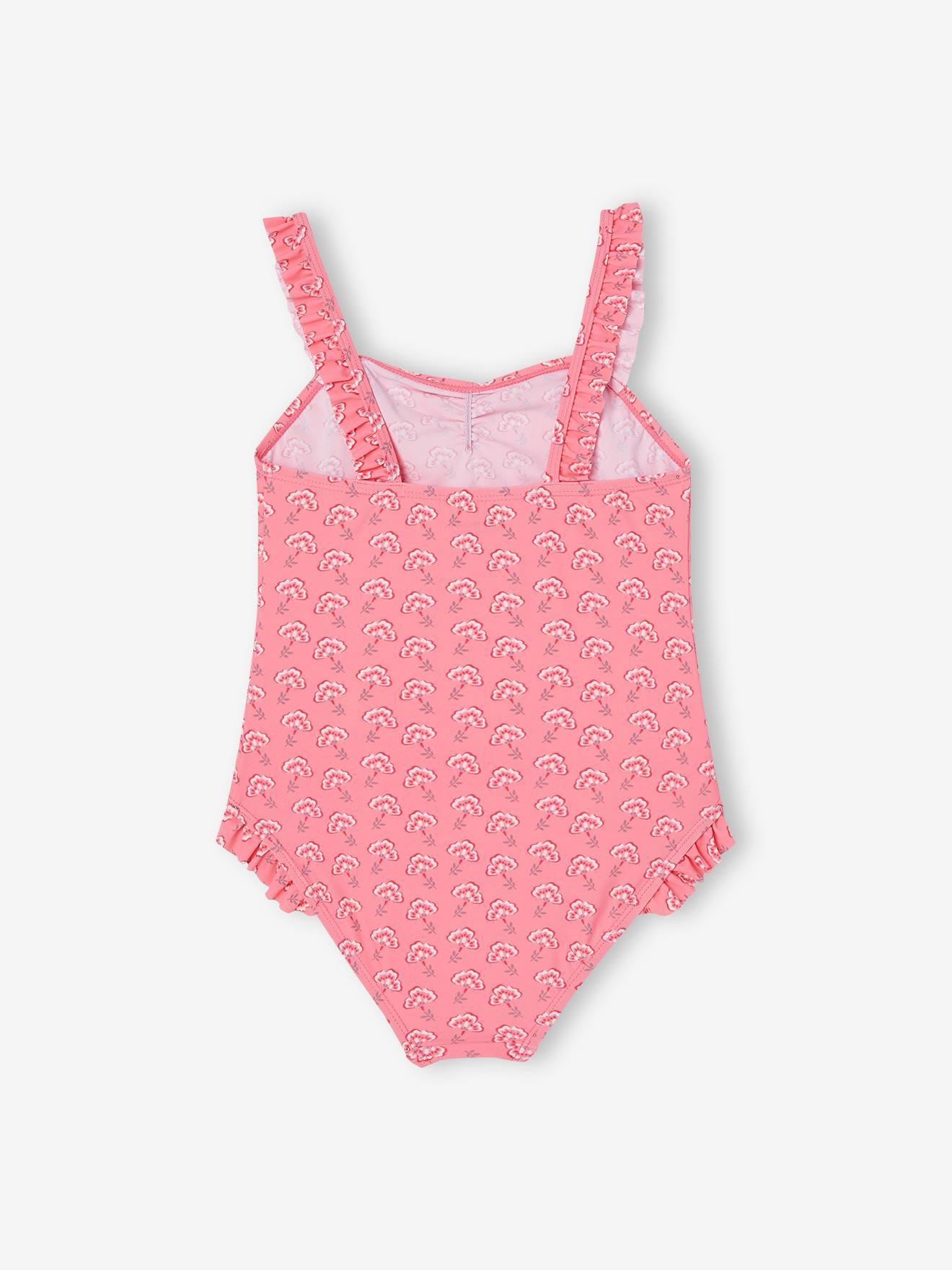 Maillot de bain 1 pièce imprimé et volanté fille rose bonbon