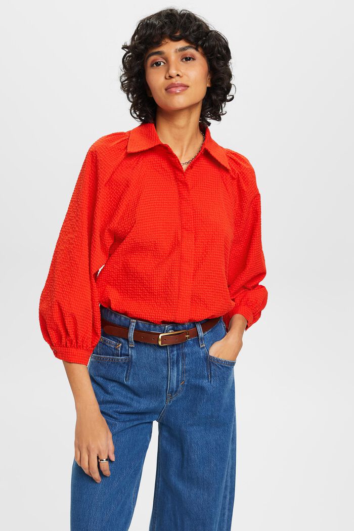 Seersucker-Bluse mit bauschigen Ärmeln