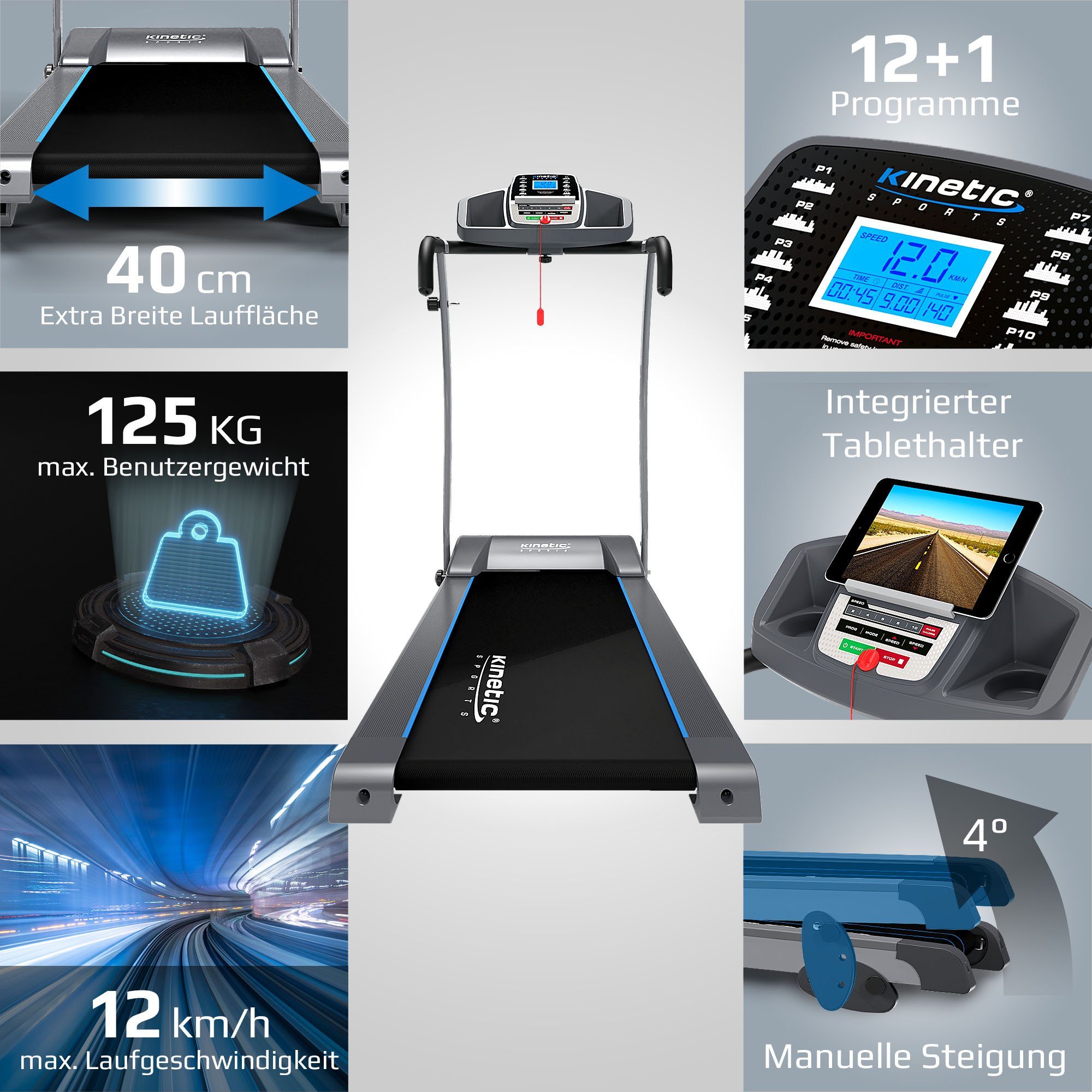 Kinetic Sports Laufband KST3100FX, klappbar mit LCD Display, 1100 W Motor, 1- 12 km/h
