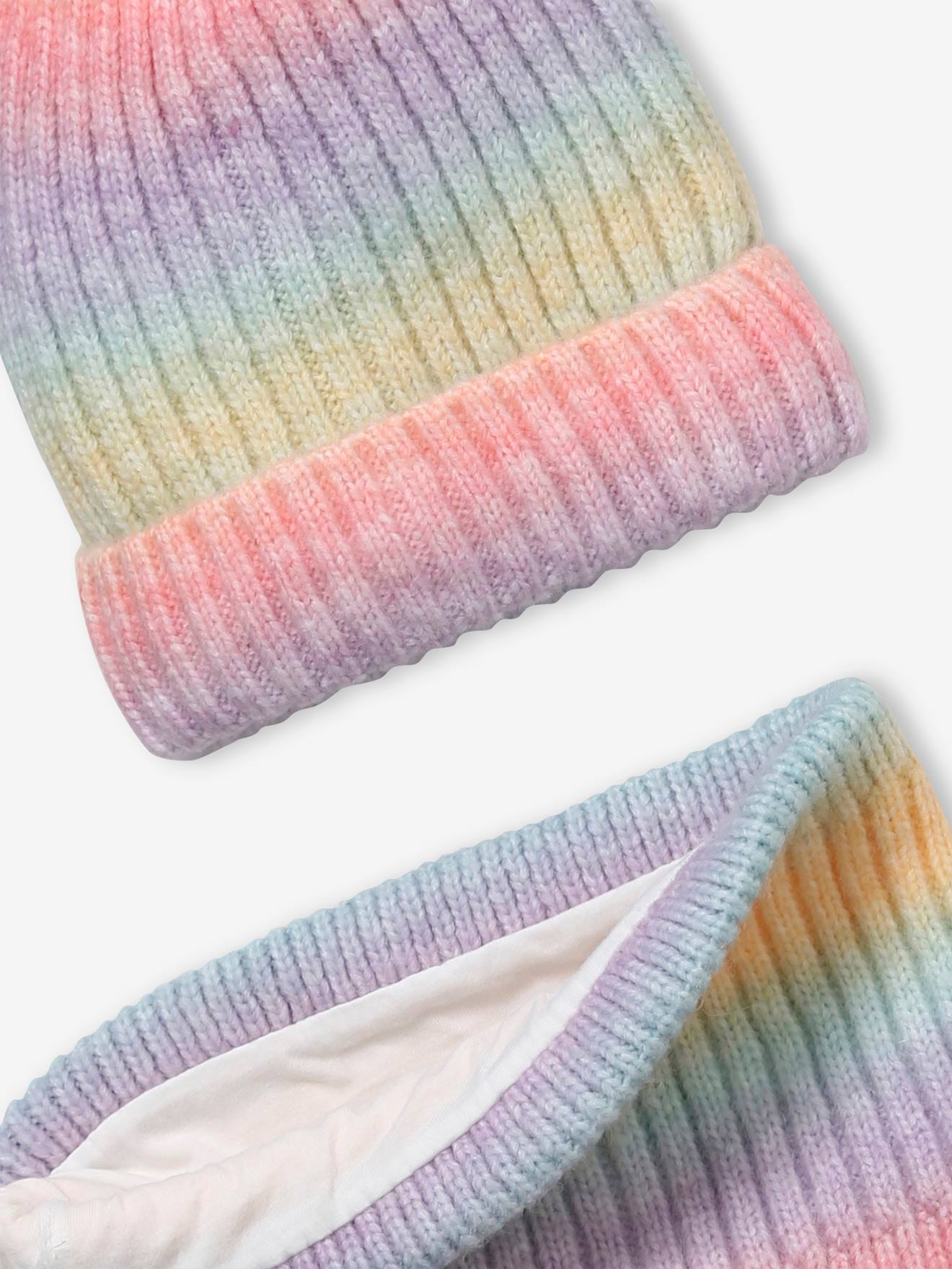 Ensemble bonnet et snood arc-en-ciel fille bleu clair bicolor/multicolor