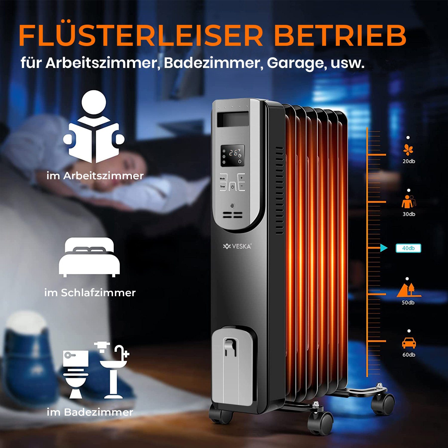 VESKA Heizkörper Ölradiator 2500W Elektro Heizung mit Fernbedienung, Timer, Thermostat, Abschaltautomatik, Überhitzungsschutz 2500 Watt