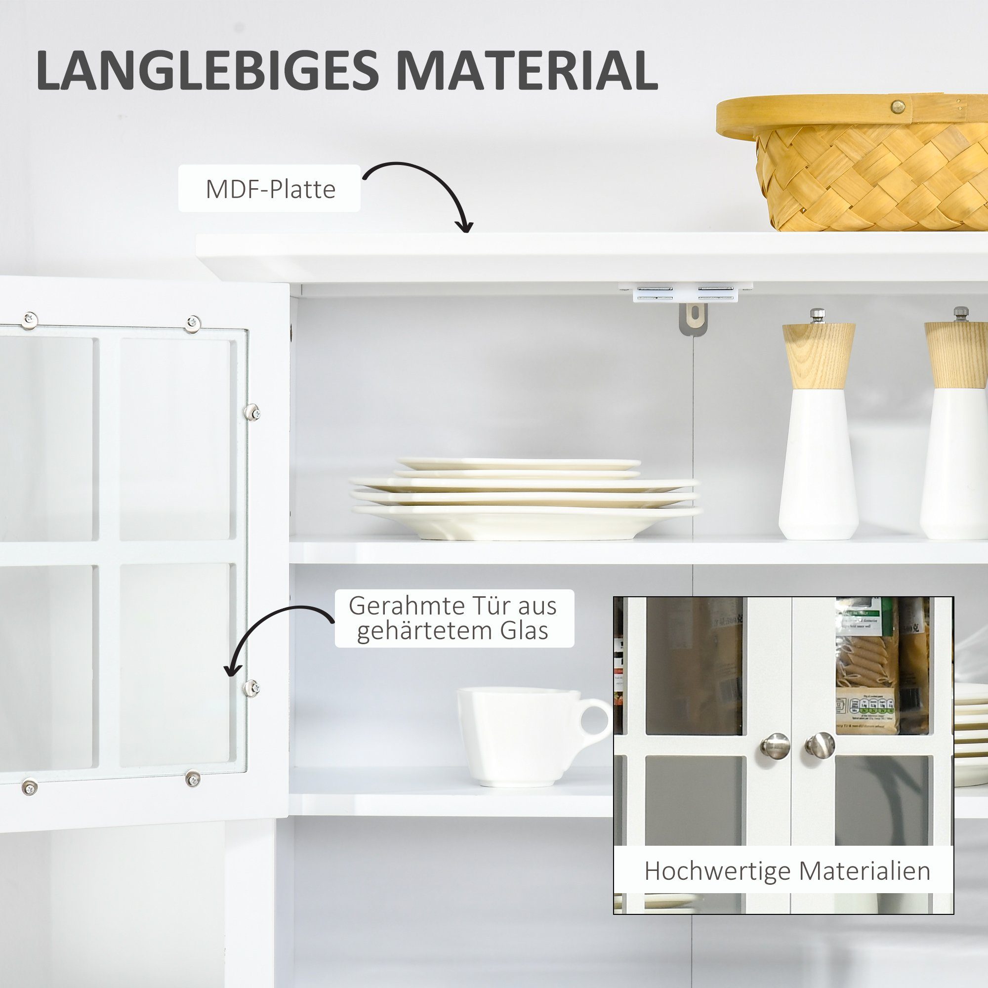 HOMCOM Küchenbuffet Kitchen Cabinet (Set, 1-St., 1 Küchenschrank) Sideboard Vitrinenschrank mit Schublade MDF, 68,6B x 40T x 164H cm