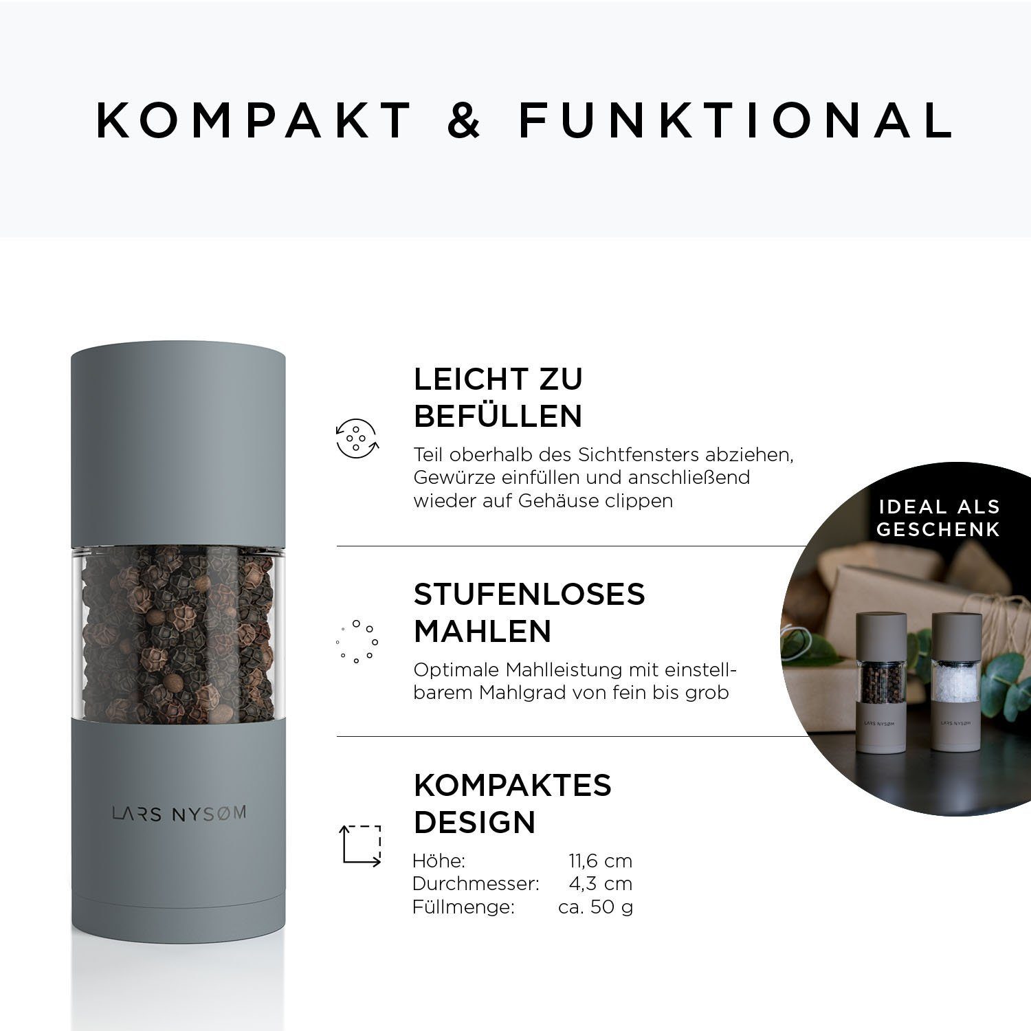 LARS NYSØM Salz-/Pfeffermühle Sjæl Manuell, mit einstellbarem Keramik-Mahlwerk