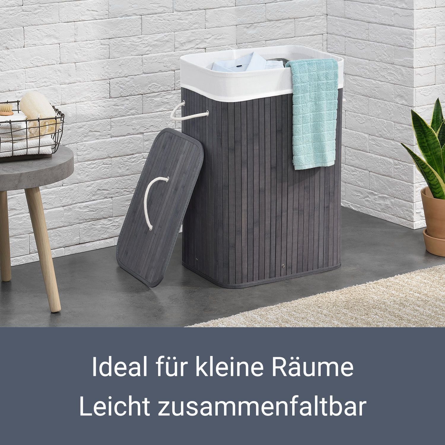 Juskys Wäschekorb Curly 72 L, 72 l, mit Tragegriffe, Deckel, Wäschesack waschbar, platzsparend