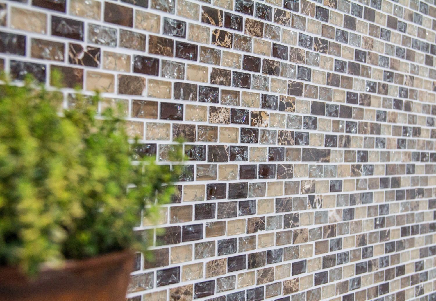 Mosani Mosaikfliesen Glasmosaik Naturstein Mosaik dunkelbeige glänzend / 10 Matten
