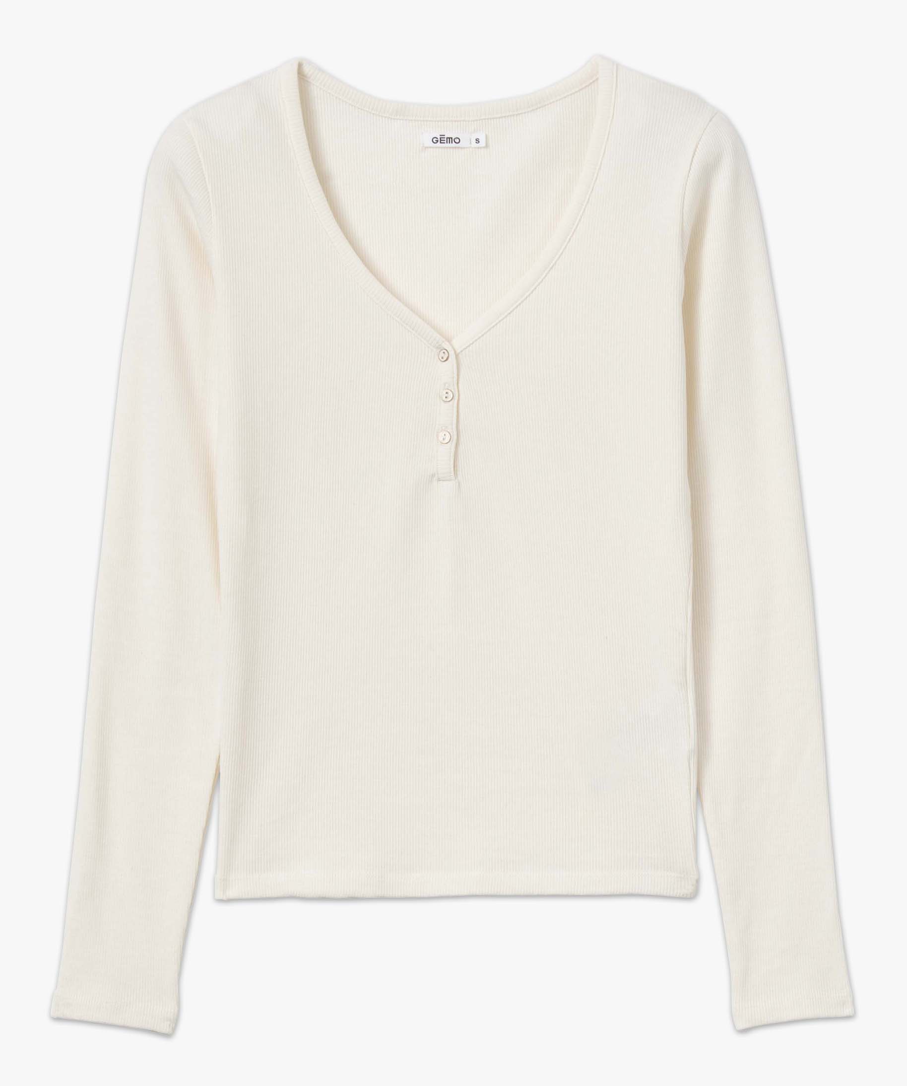 Tee-shirt femme à manches longues en maille ctelée ecru | GEMO