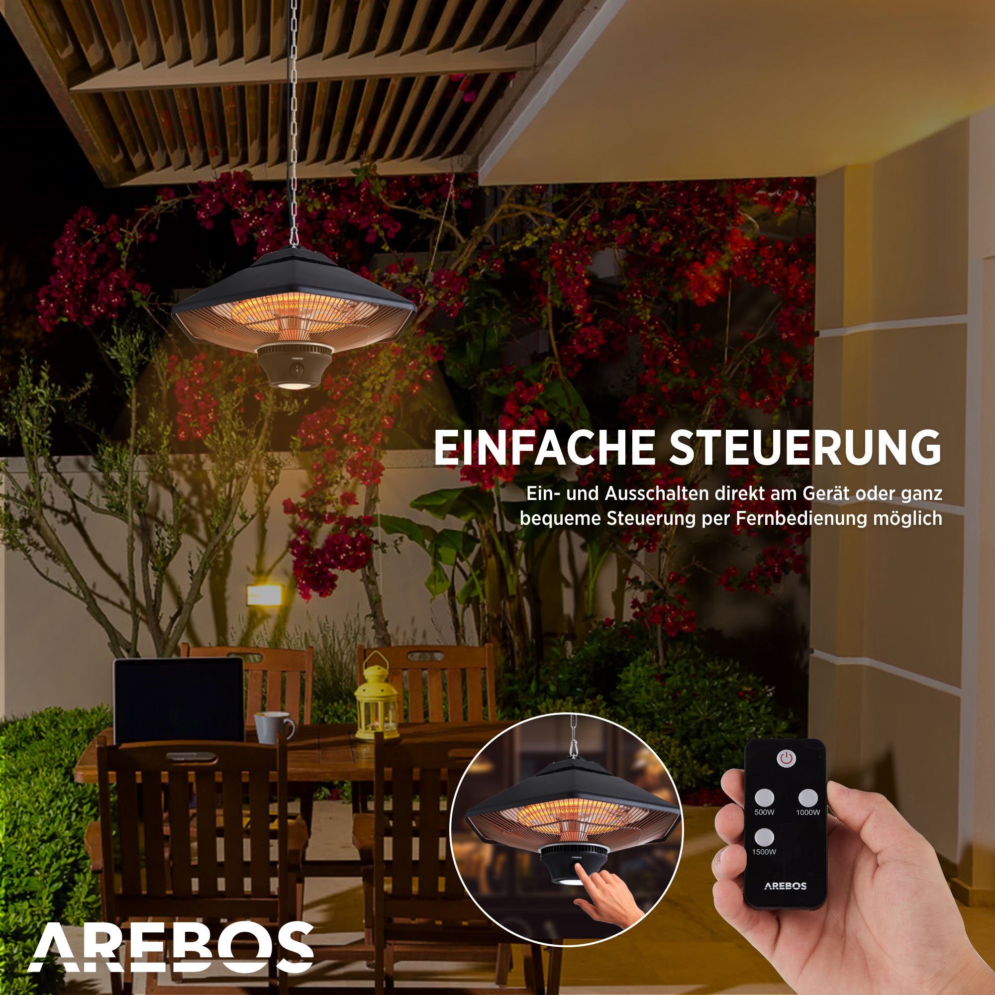 Arebos Terrassenstrahler Deckenheizstrahler 2000 W + Fernbedienung, 3 Heizstufen, zuschaltbare LED Beleuchtung, 2 Halogenlampen
