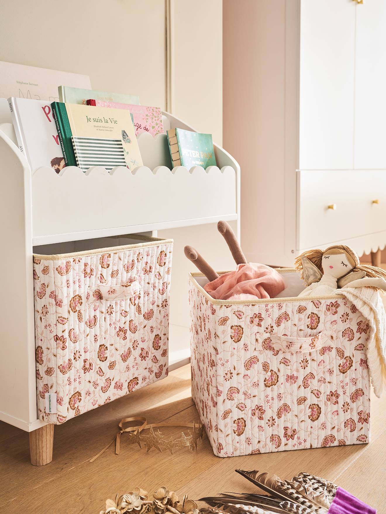 Vertbaudet 2er-Pack Kinderzimmer Aufbewahrungsboxen FOLKLORE BLUMEN - rosa bedruckt