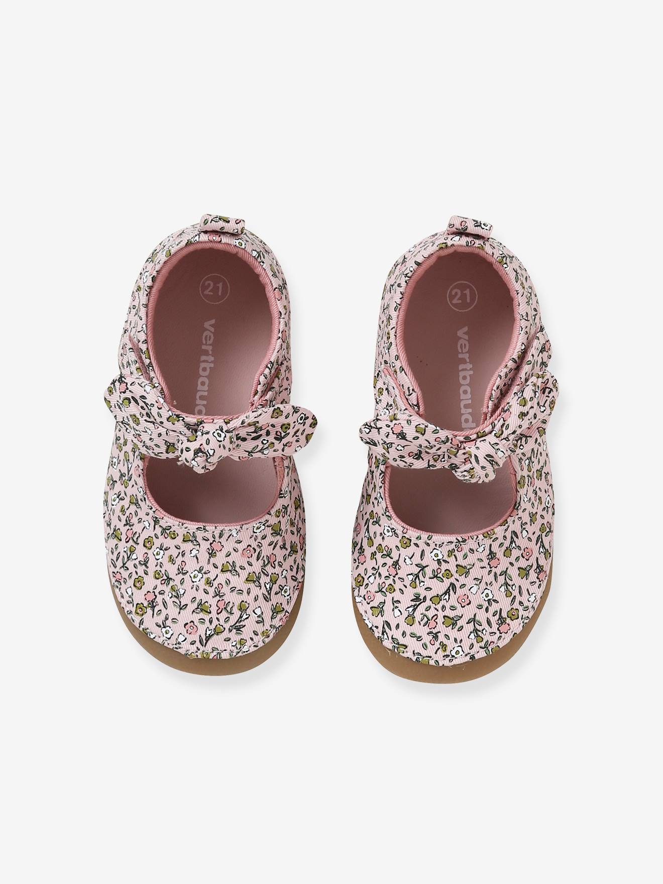 Chaussons ballerines bébé fille en toile imprimée rose clair