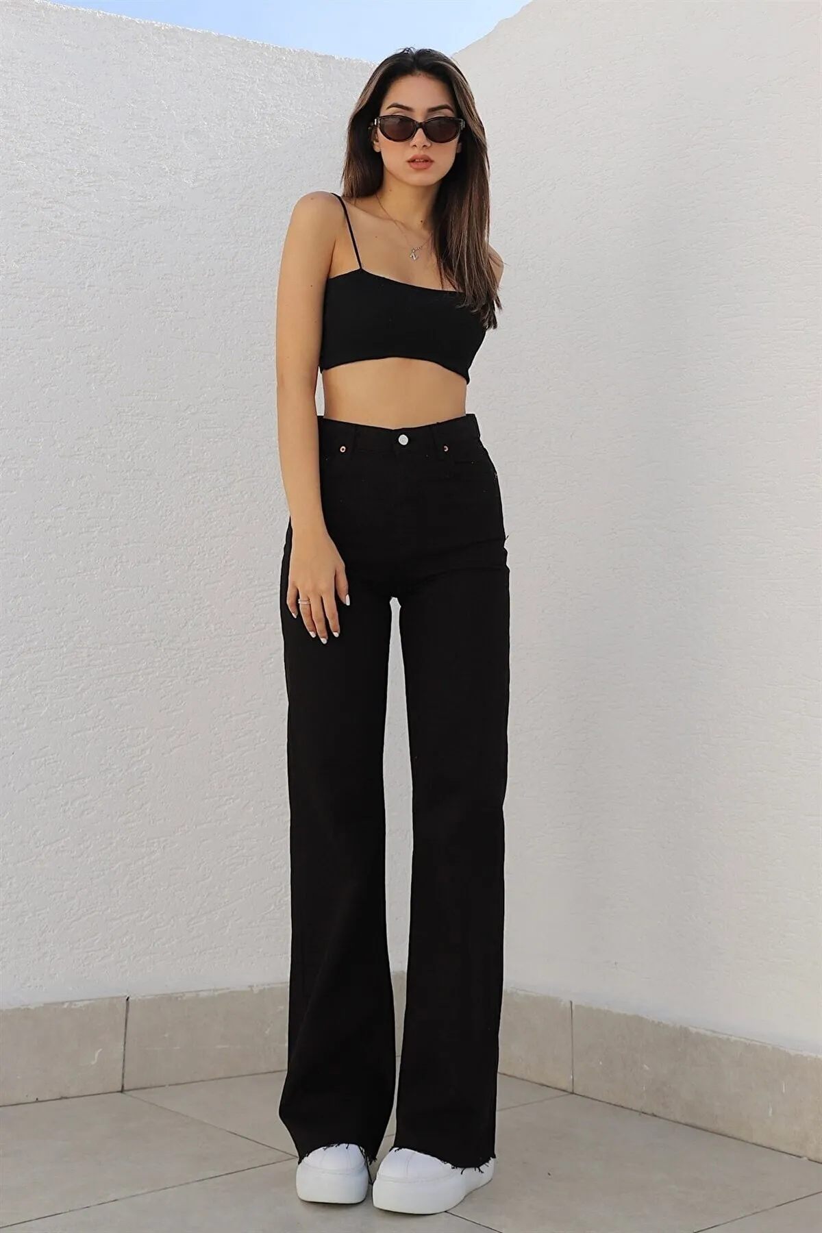 Trn JNS  Lussi Power Damen-Jeans, lockere Jeans aus Lycra im 90er-Stil, lichtecht, schwarz, mit superhoher Taille und weitem Bein, Palazzo-Hose