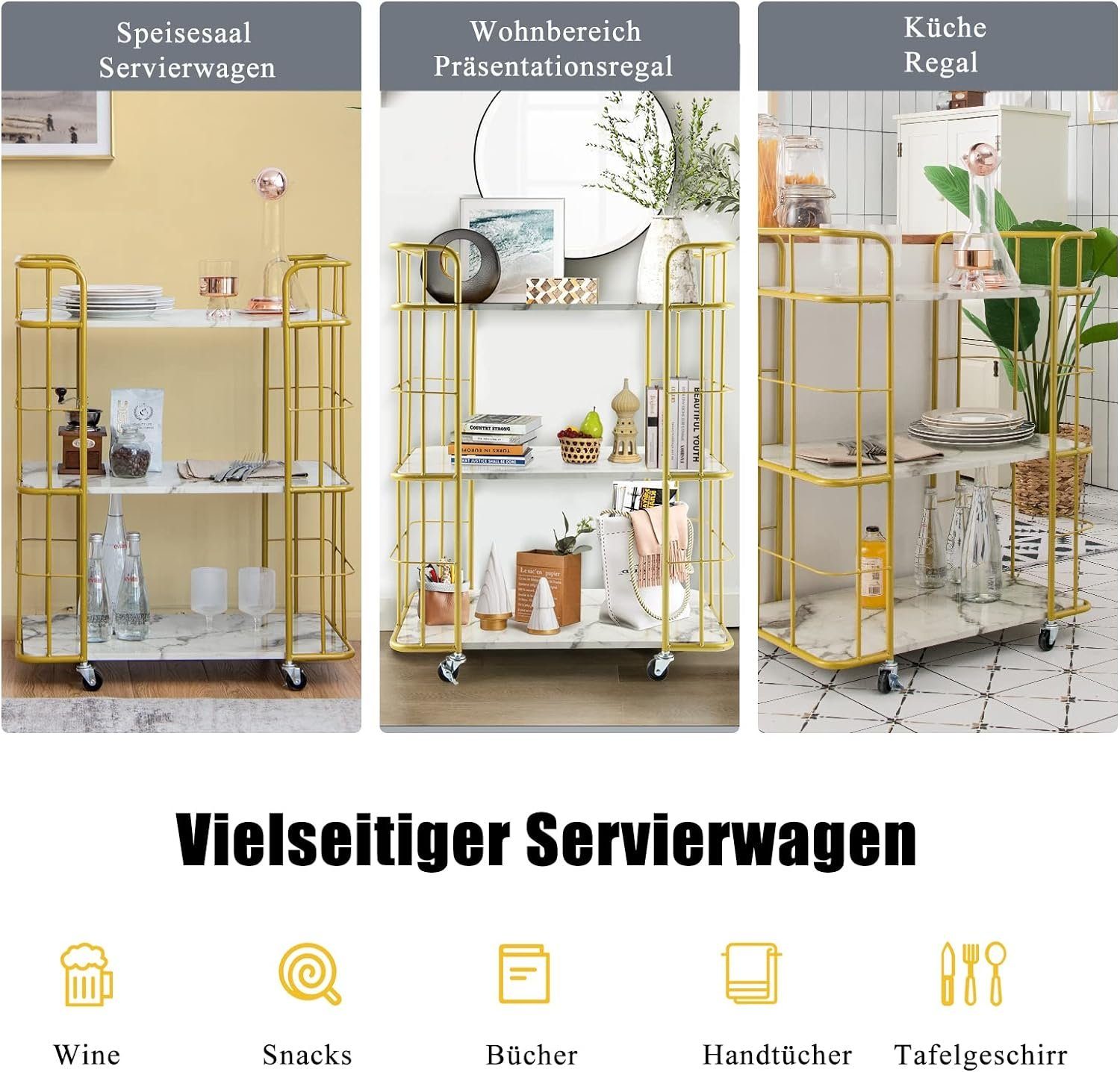 KOMFOTTEU Servierwagen 3-stöckiger Rollwagen, 66 x 40 x 82 cm