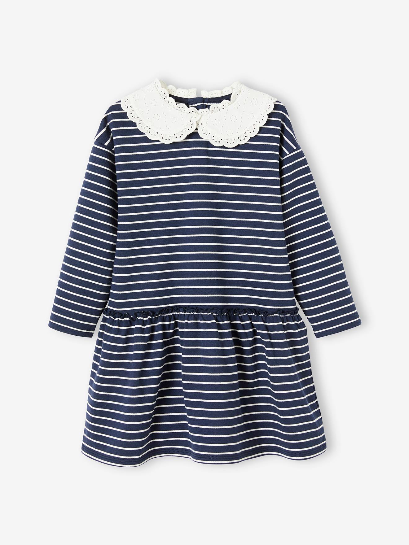 Robe marinière col Claudine fille encre rayé