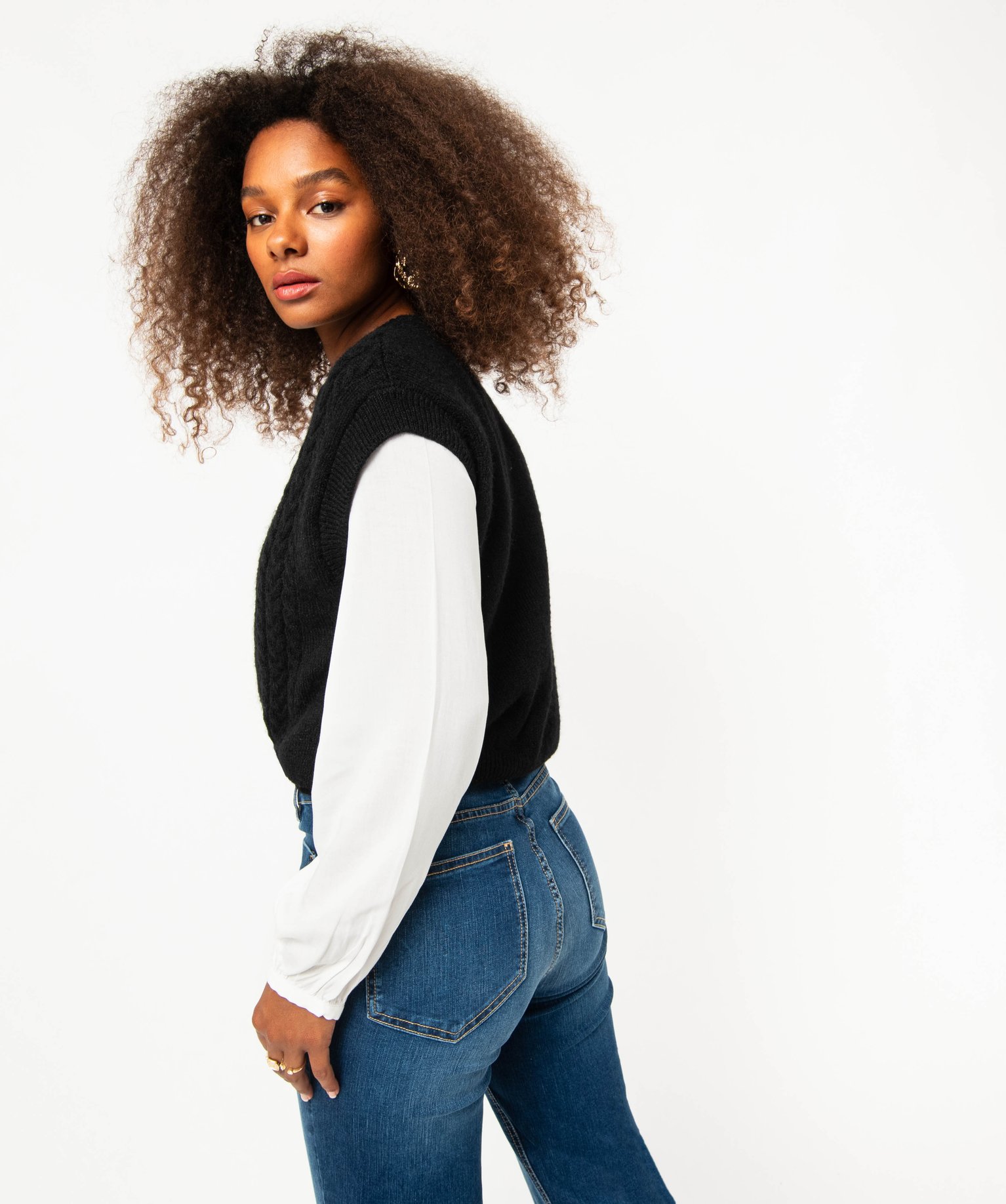 Pull sans manches en maille torsadée femme noir | GEMO