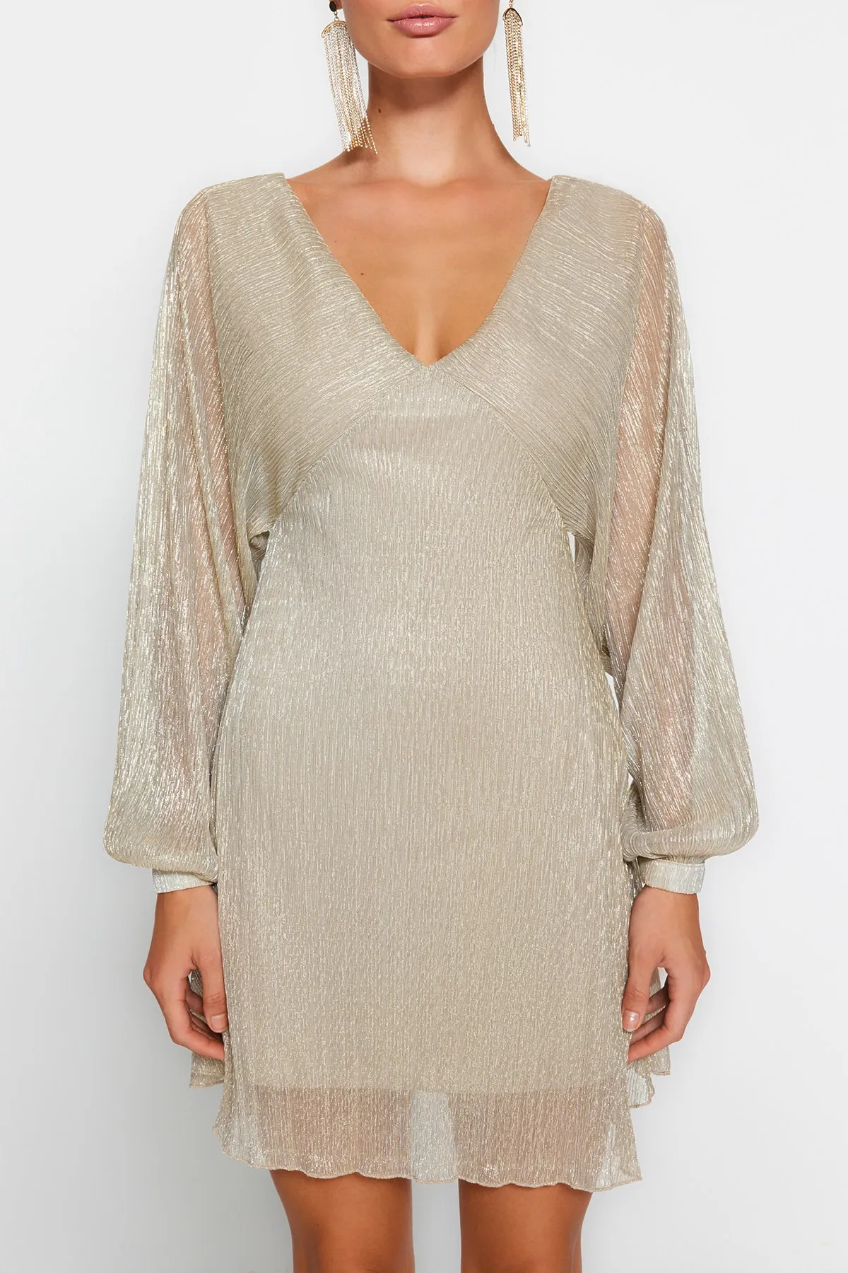 Trendyol Collection  Goldene Taille geöffnet/Skater gestrickt gefüttert glänzendes elegantes Abendkleid TPRAW24EL00000