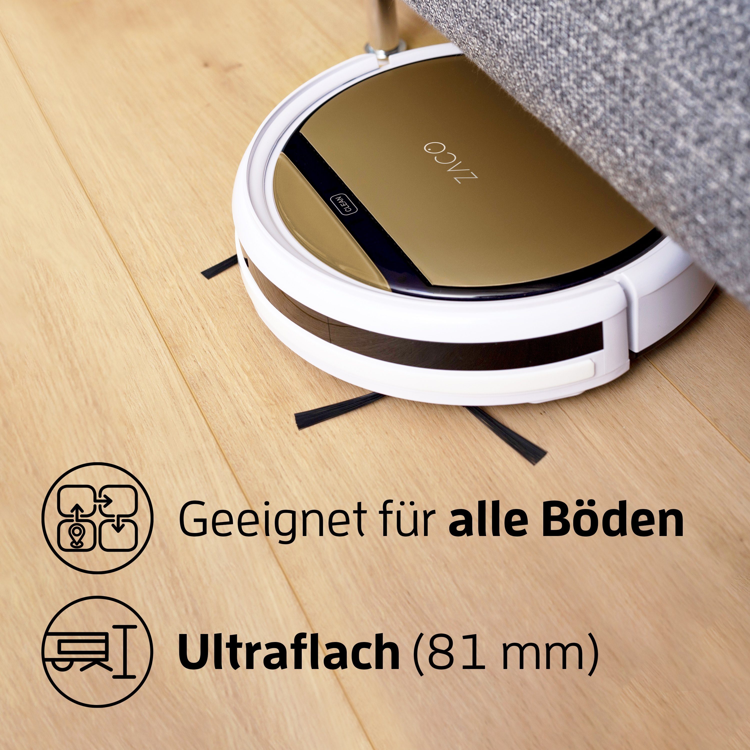 ZACO Nass-Trocken-Saugroboter V5x, 22 W, beutellos, mit Wischfunktion, App, Alexa Sprachsteuerung, Tierhaar, Timer, leise