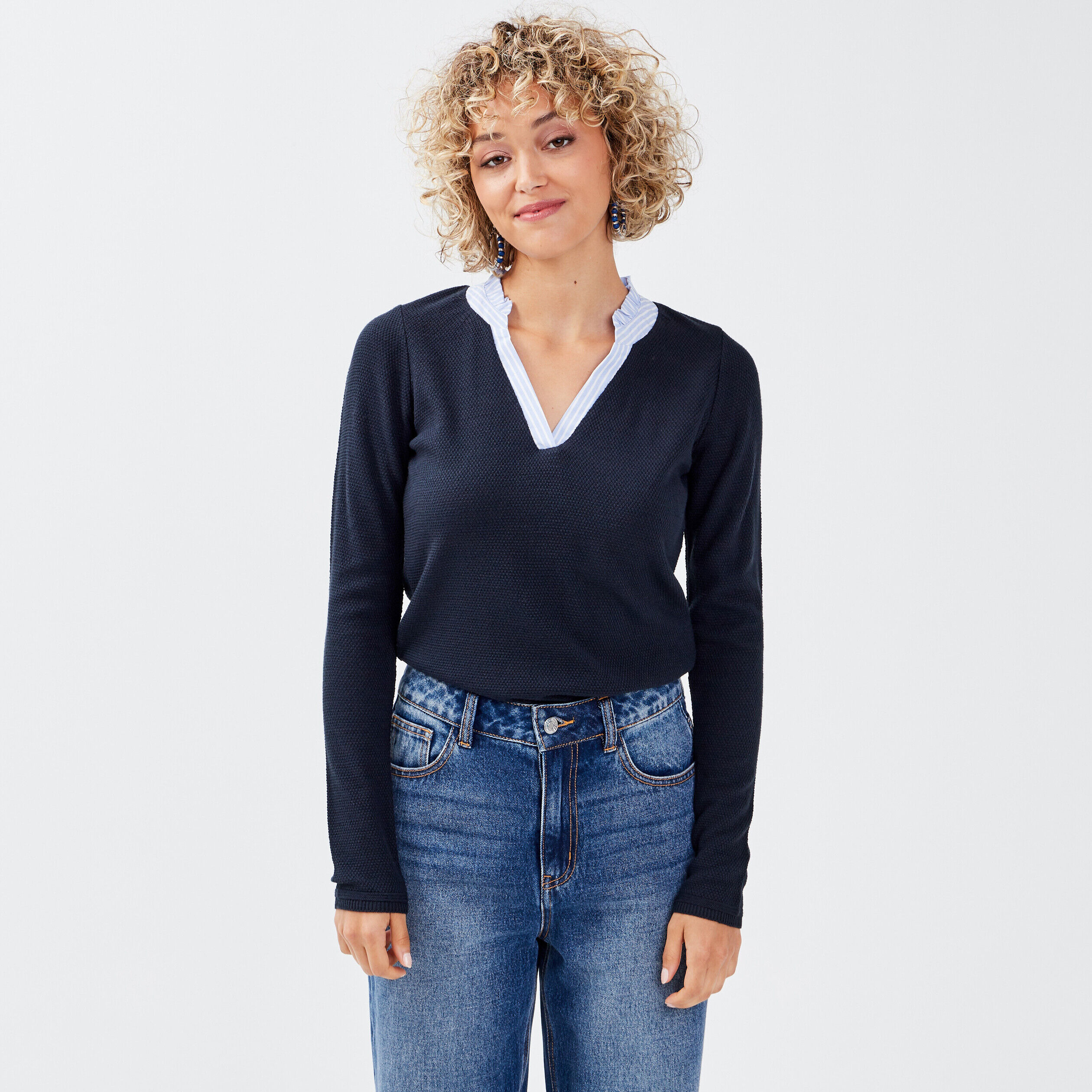 Pull avec col en V bleu marine femme | Cache Cache