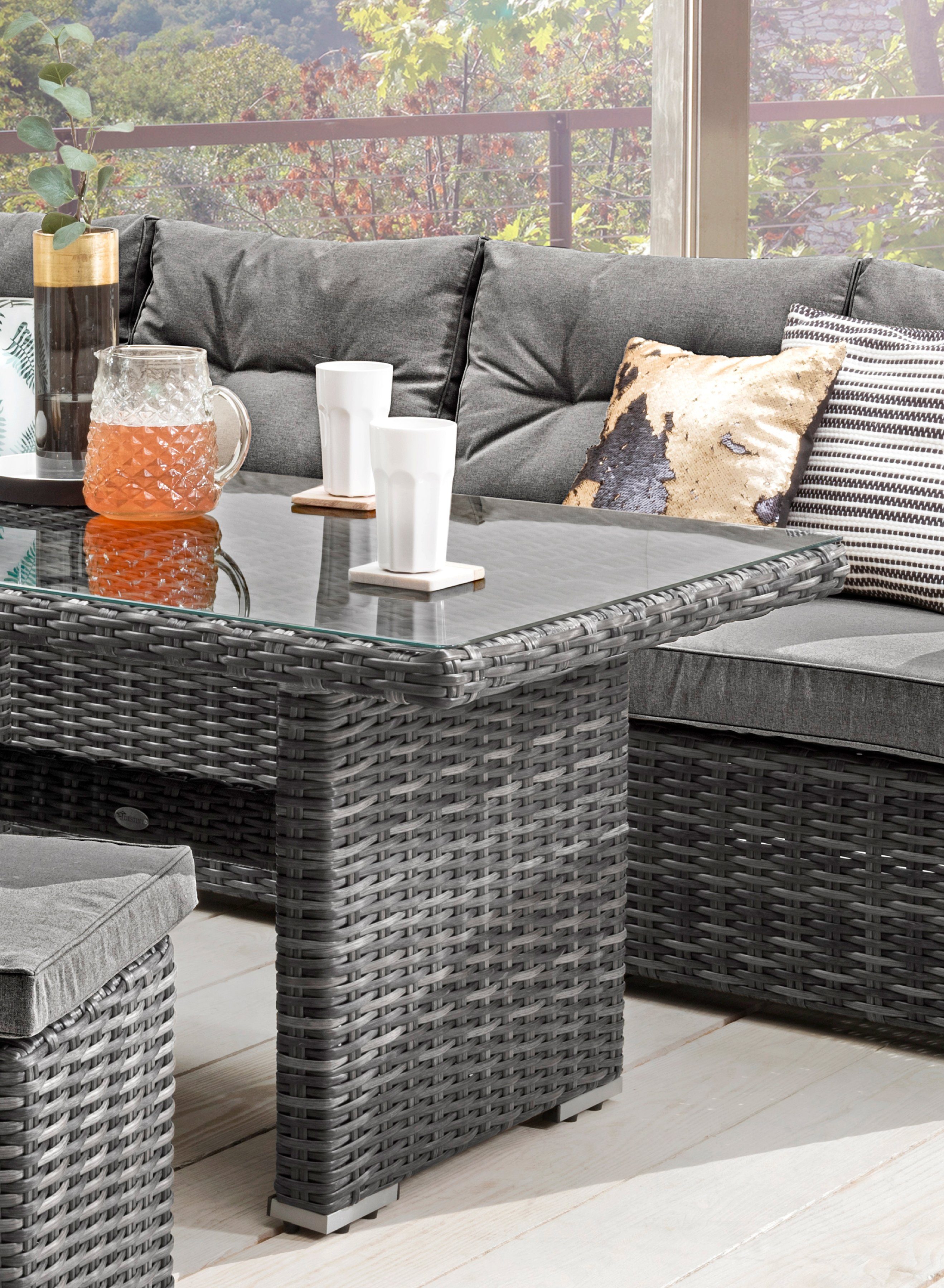 Destiny Gartenlounge-Set SANTA, (Set, 20-tlg), Ecklounge, 1 Tisch 140x80x66 cm, 2 Hocker, inkl. Auflagen