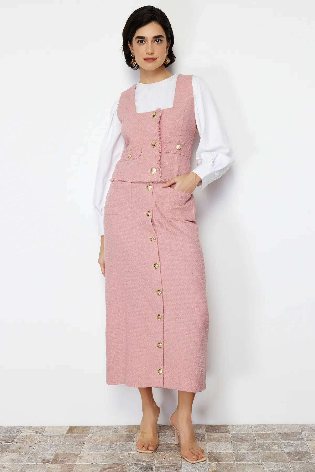 Trendyol Modest  Fuchsiafarbenes Tweed-Westenrock-Set mit gewebtem Unterteil und Oberteil TCTSS24US00013