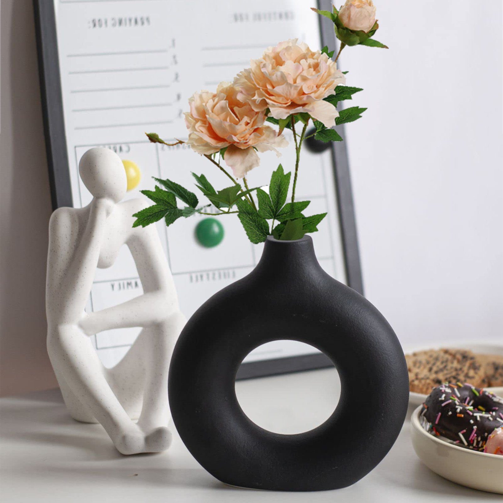 CALIYO Dekovase Keramik Vase Moderne Donut vase schwarz Getrocknete Vase, für Pampasgras Blumenvase Kunst Deko für Wohnzimmer Büro Dekoration
