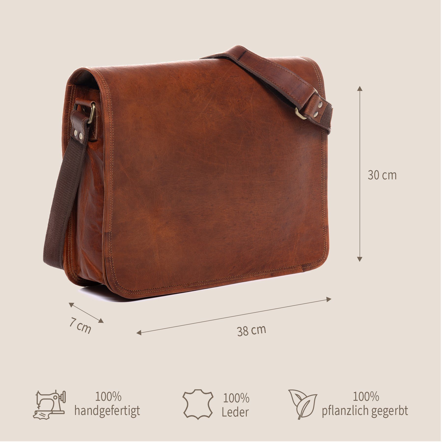 SID & VAIN Laptoptasche CAMDEN, Messenger Bag 15 Zoll echt Leder Unisex, Aktentasche, hellbraun
