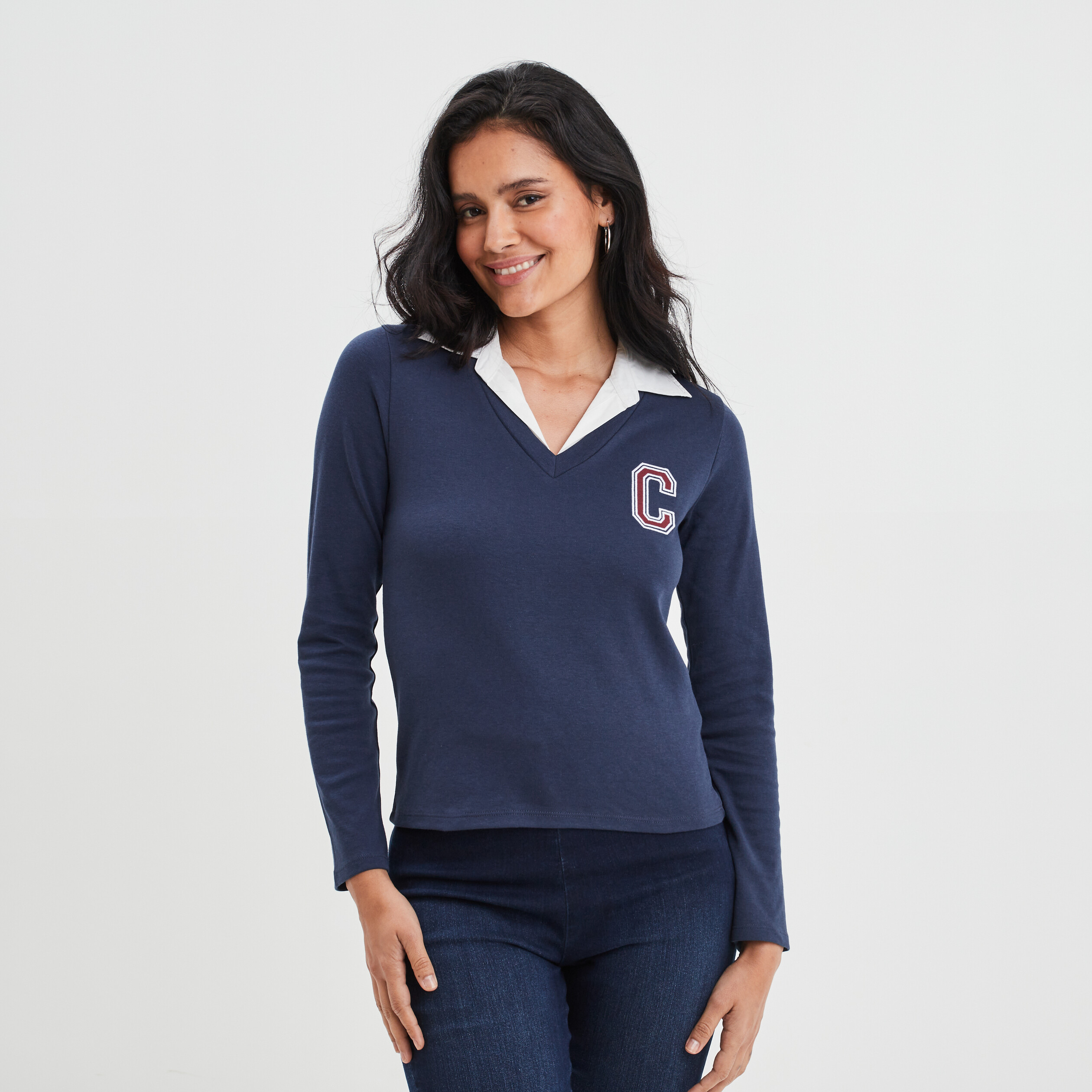 T-shirt col chemise Creeks bleu marine femme | La Halle