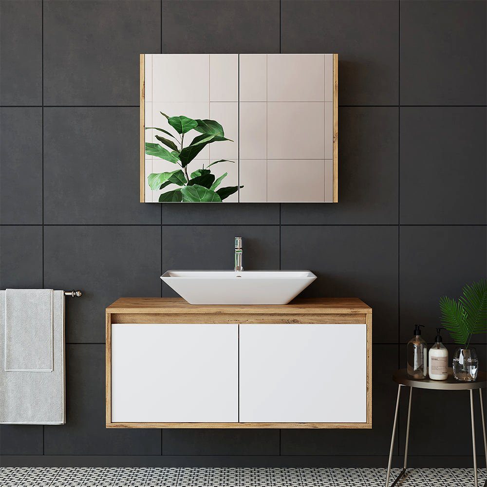 Roomart Badmöbel-Set, (Badmöbel Set 3-teilig 100cm Unterschrank mit Waschbecken Spiegelscrank)
