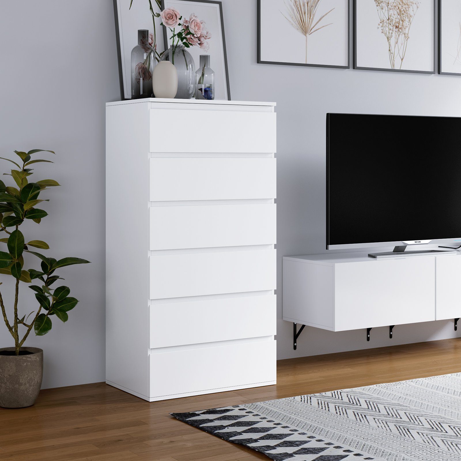 Homfa Kommode, Sideboard mit 6 Schubladen, Schubladenschrank holz, weiß, 60x40x118,5cm