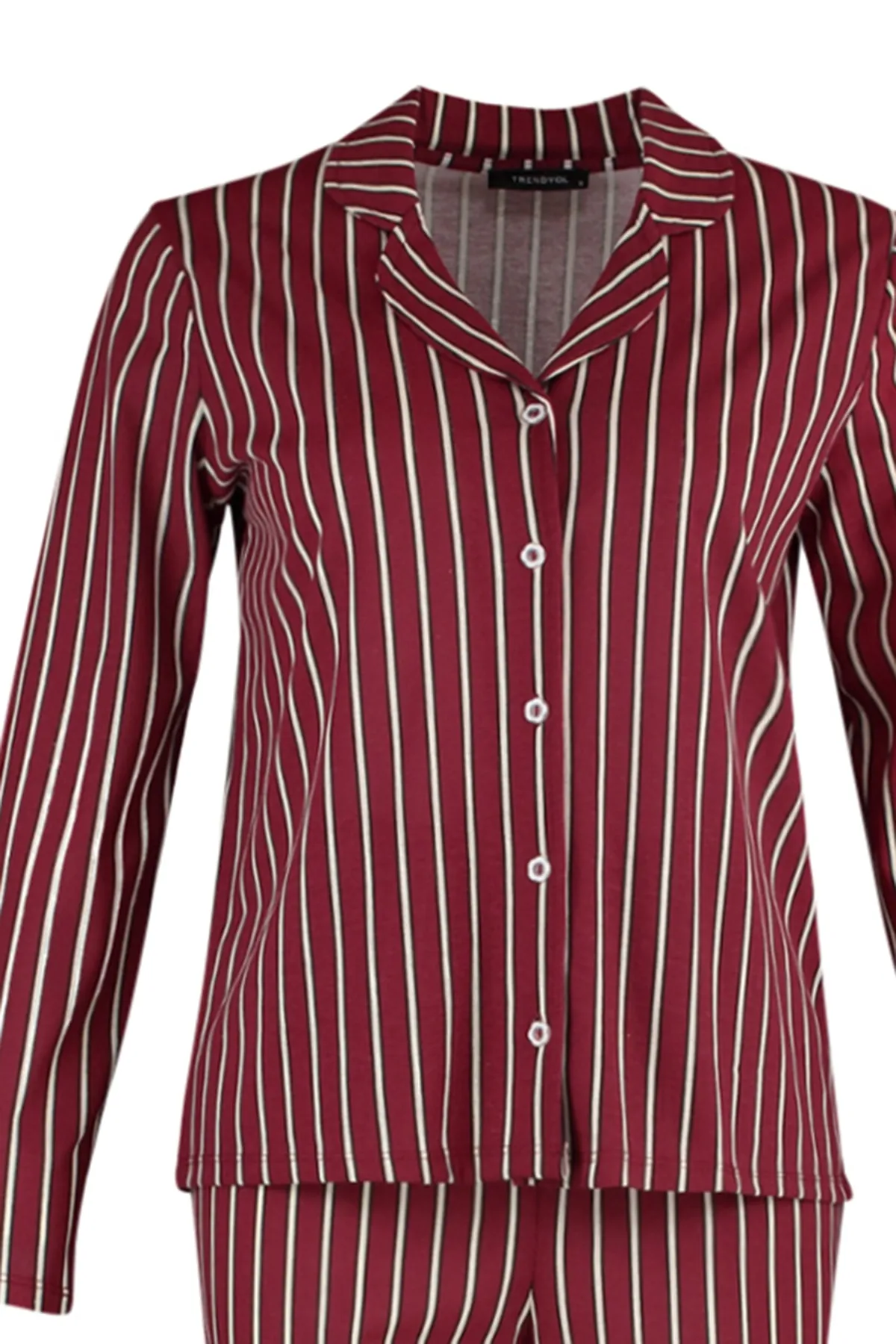 Trendyol Collection  Zimtfarbenes Pyjama-Set aus gestreiftem Strick, 100 % Baumwolle THMAW23PT00150
