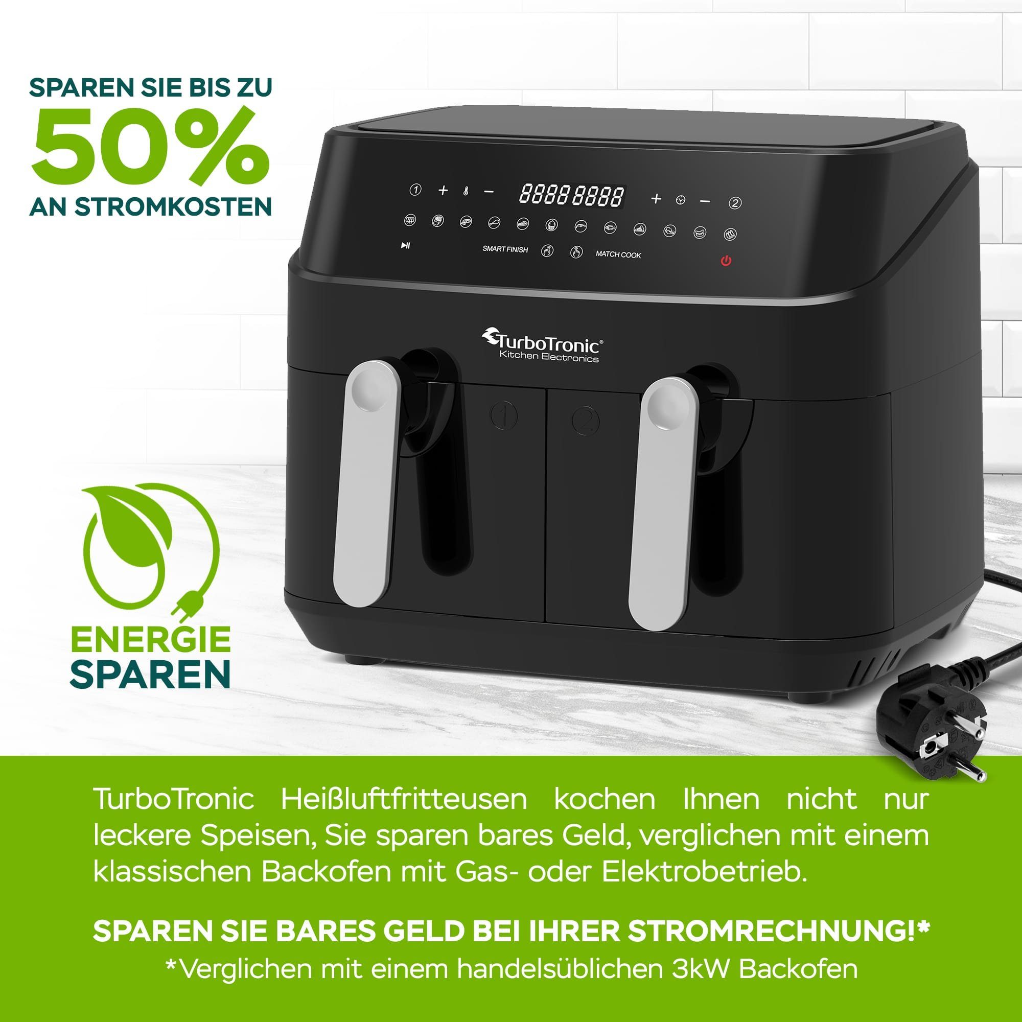 TurboTronic by Z-Line Heißluftfritteuse XXL Doppelkammer 2x 4,5 Liter, 50°C - 200°C, Power, dual, Camping, 3200 W, 12 Programme Fritteuse ohne Fett, digitaler doppel Airfryer Fettfrei