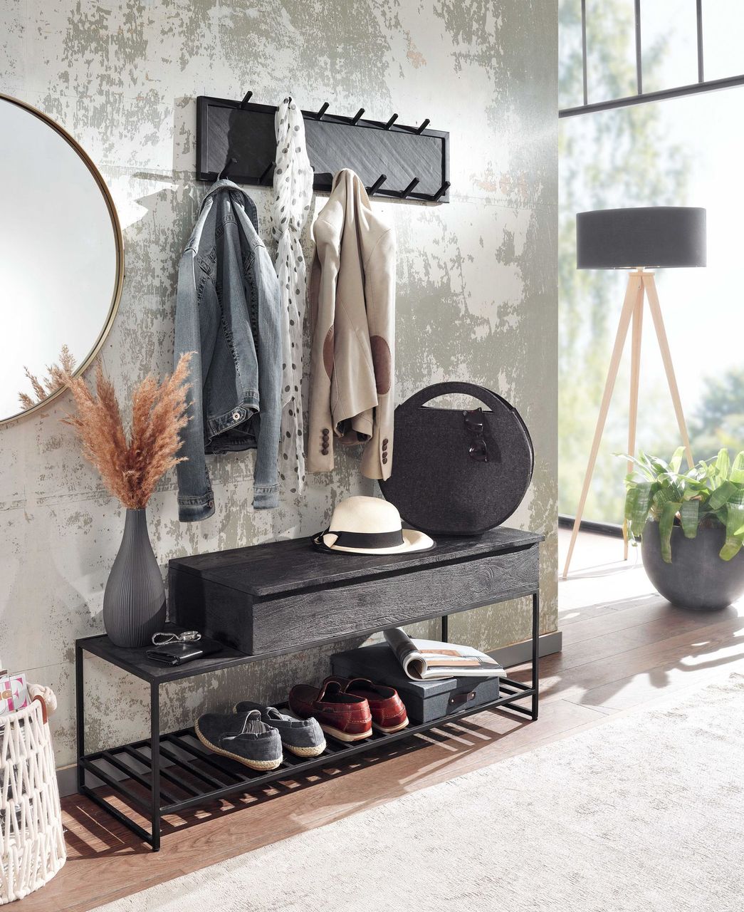 Skyport WOHNLING Garderoben Set Schwarz Holz Massiv Wandgarderobe Sitzbank Flurgarderobe