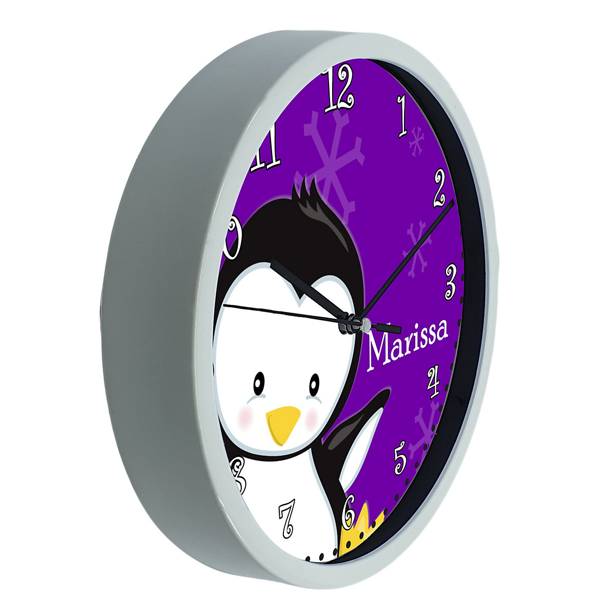 Kinder Wanduhr personalisiert mit Name Pinguin lila