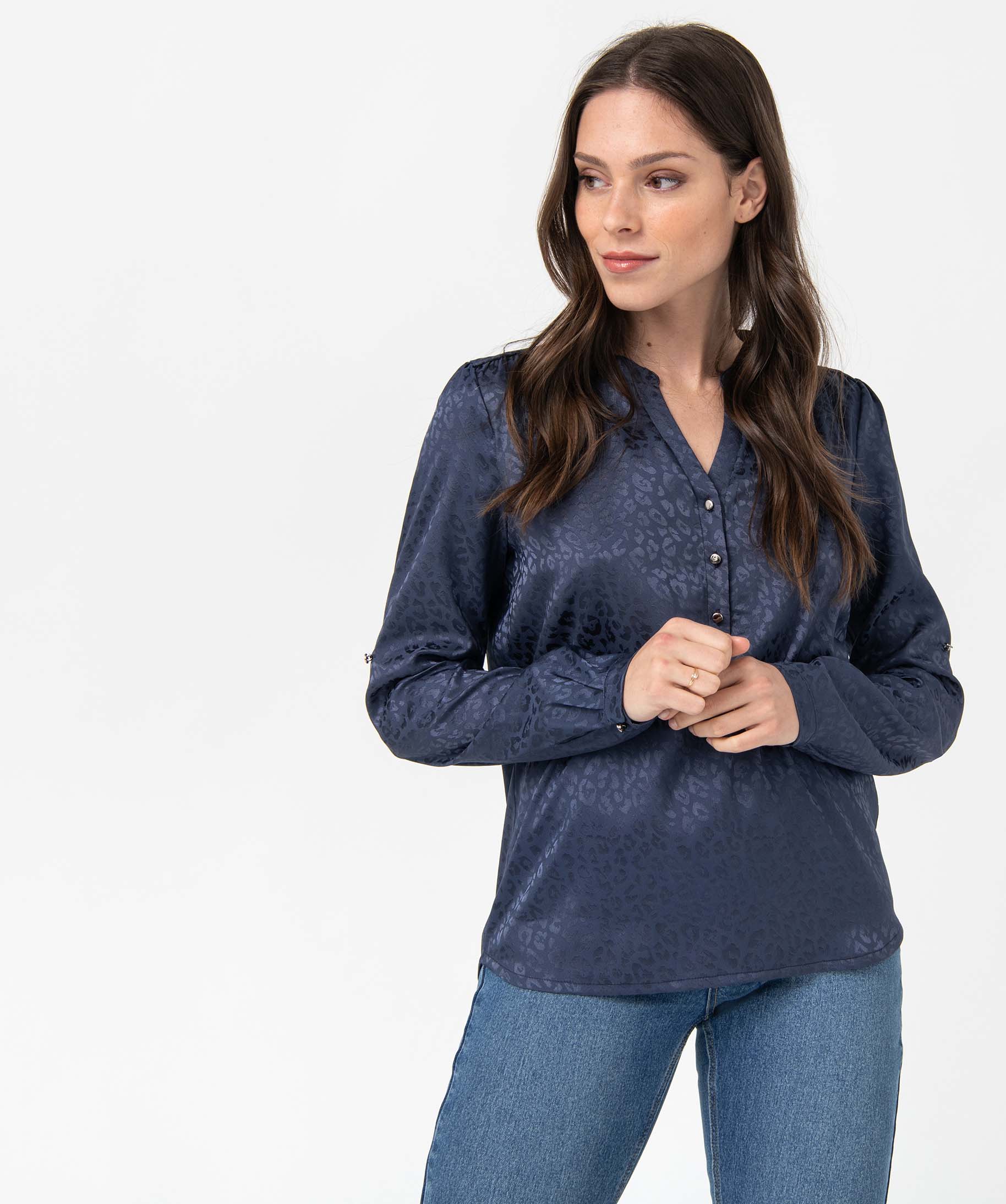 Blouse femme satinée avec manches retroussables bleu | GEMO