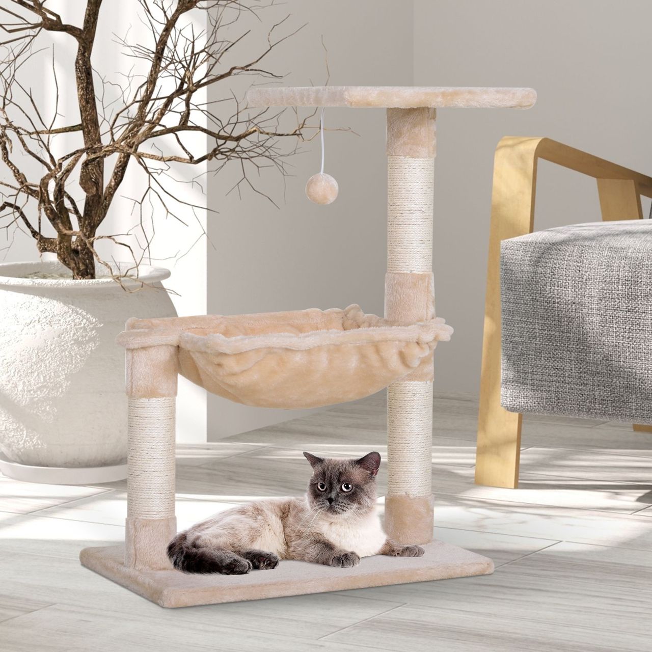 PawHut Kletterbaum Katzenbaum Kratzbaum mit Sisalsäule Plüsch-Hängematte Spanplatte Beige 50 x 36 x 70 cm