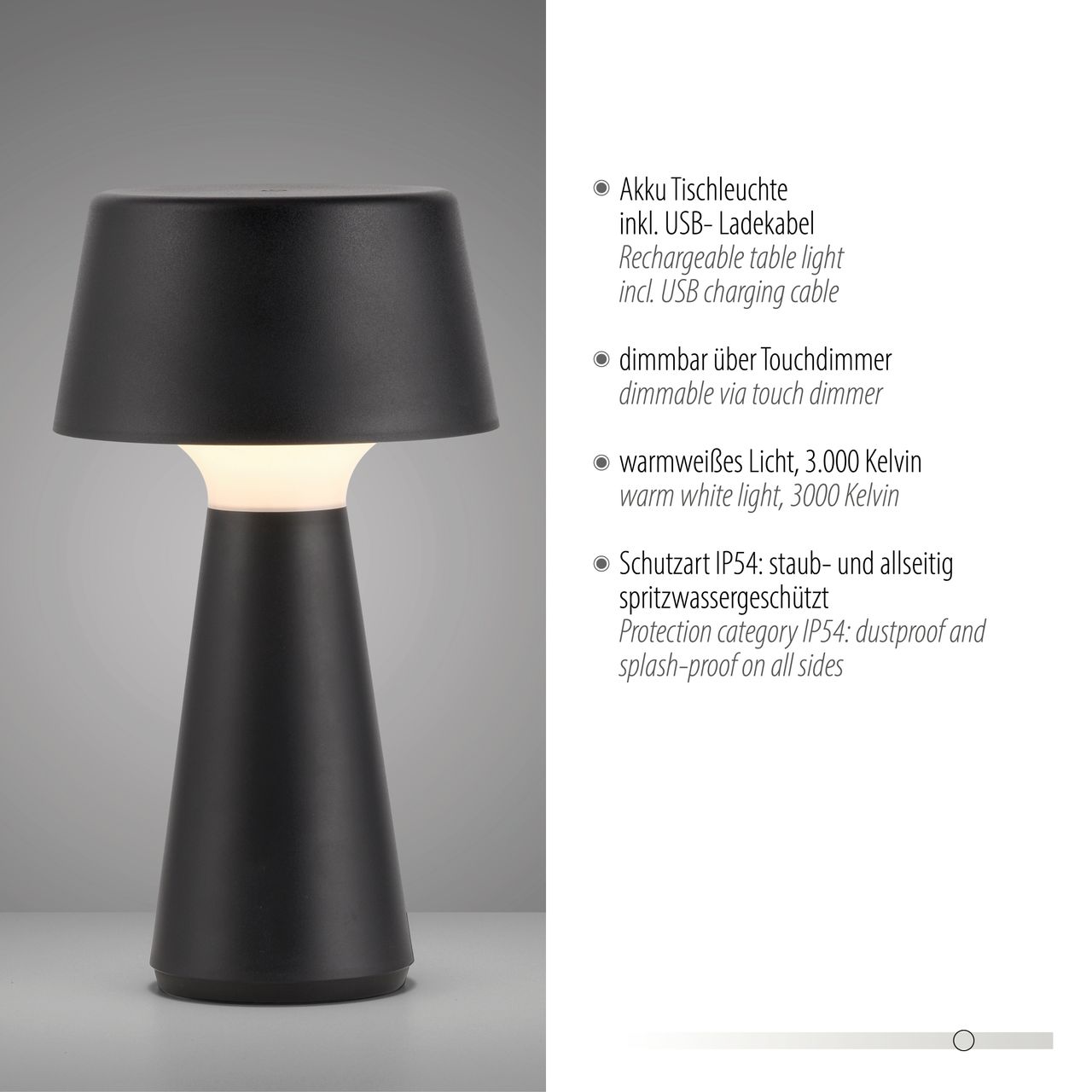 JUST LIGHT Akku-Tischleuchte ABERA, 1xLED-Board/3Watt/3000Kelvin, IP54, Schwarz