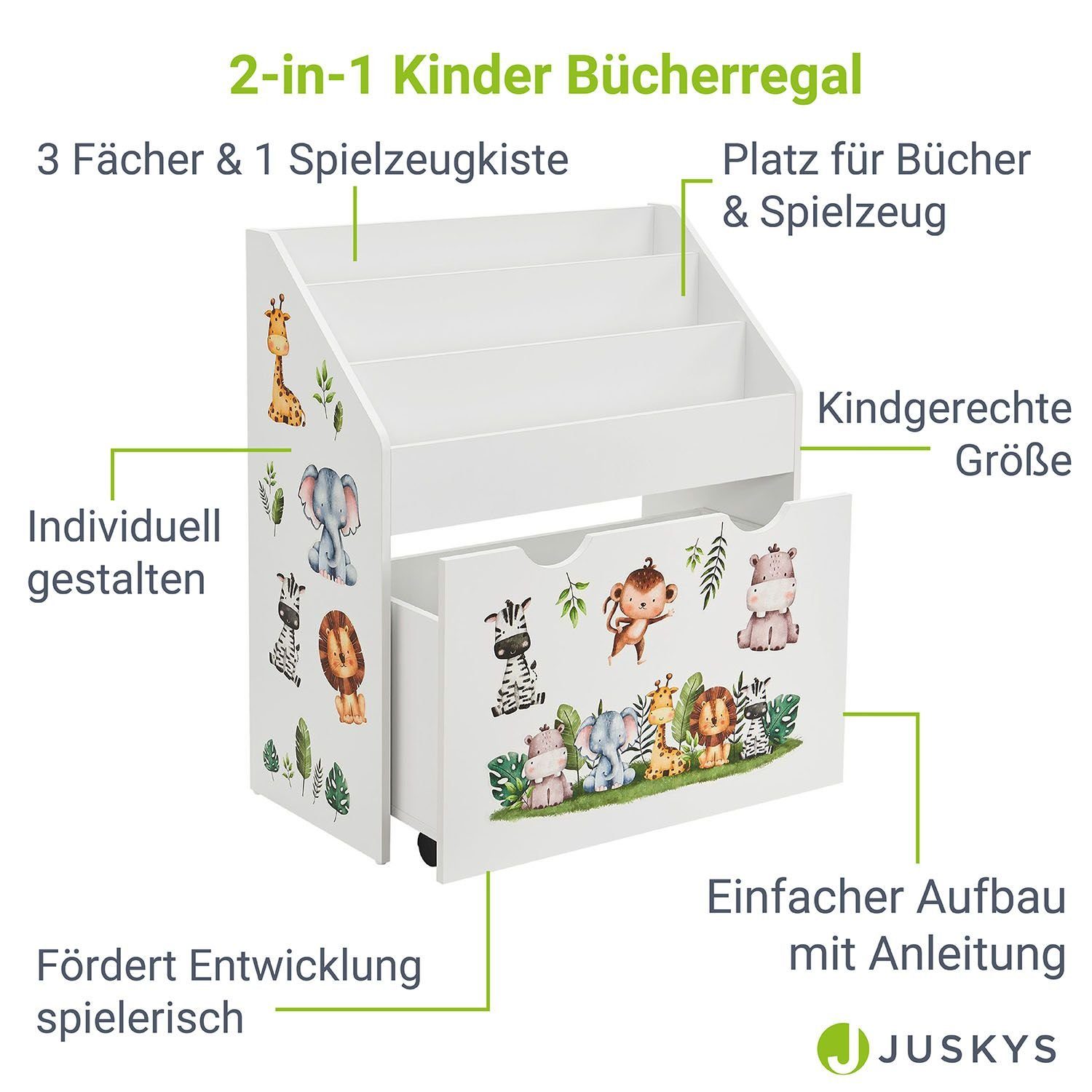 Juskys Bücherregal Kinder Bücherregal, 3 Fächer, Spielzeugkiste, kindgerecht, anbringbaren Stickern