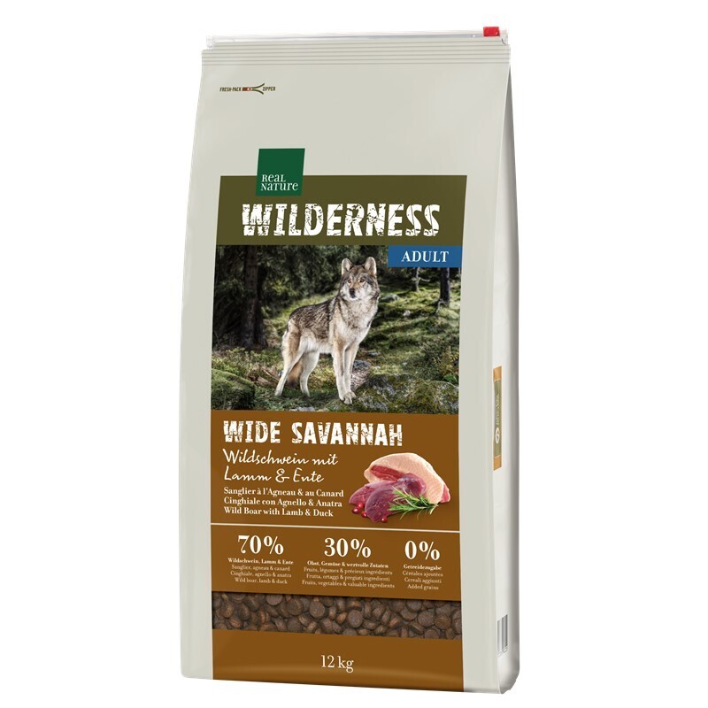 REAL NATURE Hundetrockenfutter REAL NATURE WILDERNESS Wide Savannah Wildschwein mit Lamm & Ente 12 kg