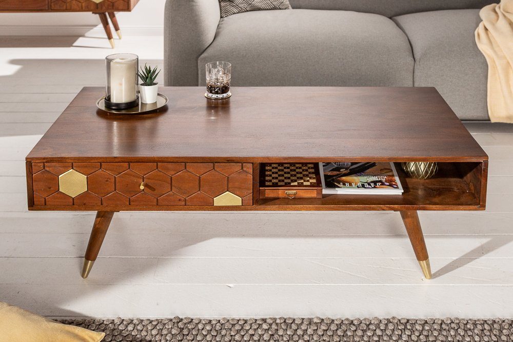 riess-ambiente Couchtisch MYSTIC LIVING 117cm braun / gold (Einzelartikel, 1-St), Wohnzimmer · Massivholz · Ablagefach · Schublade · Retro Design