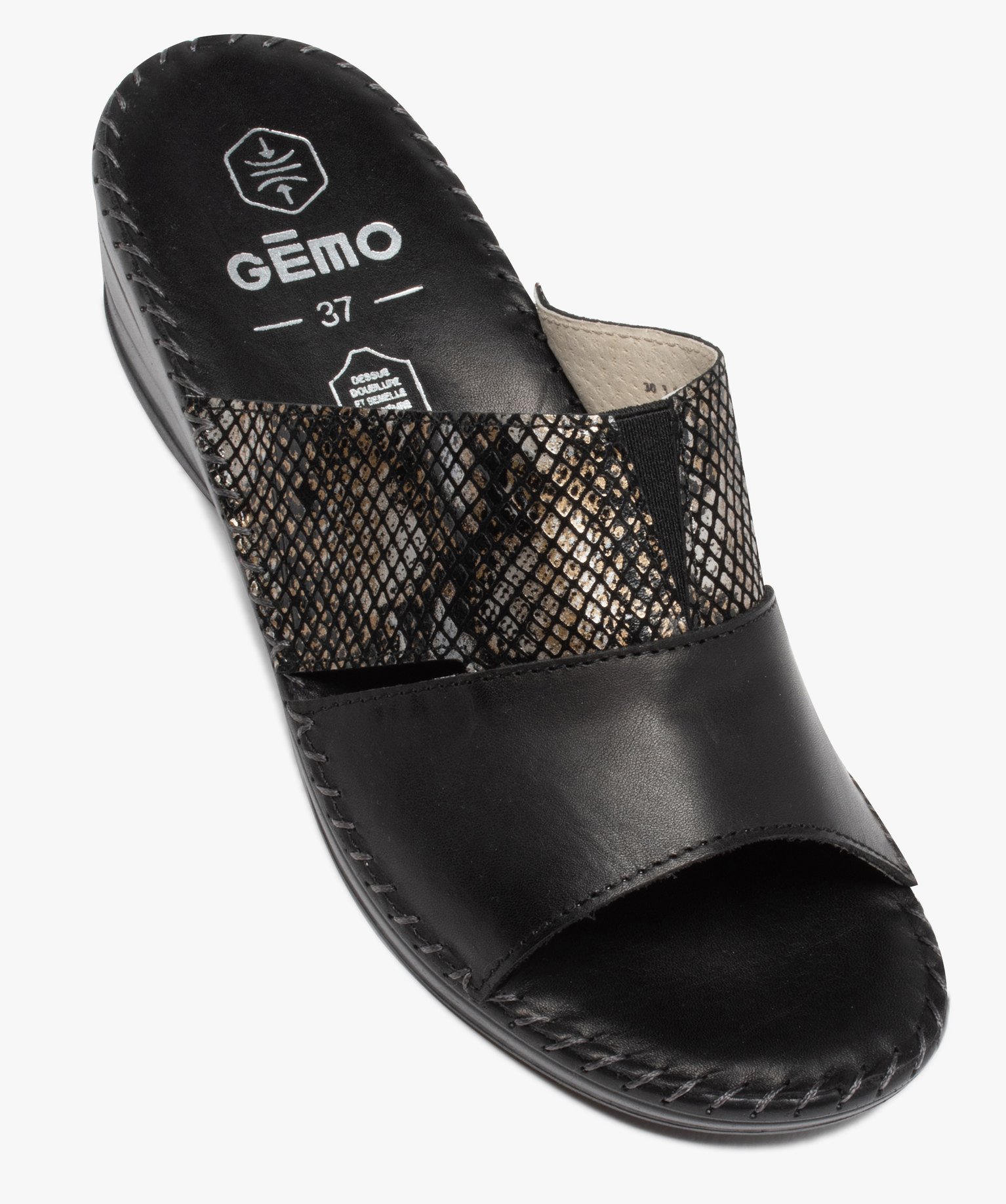 Mules femme confort compensées à brides en cuir noir | GEMO