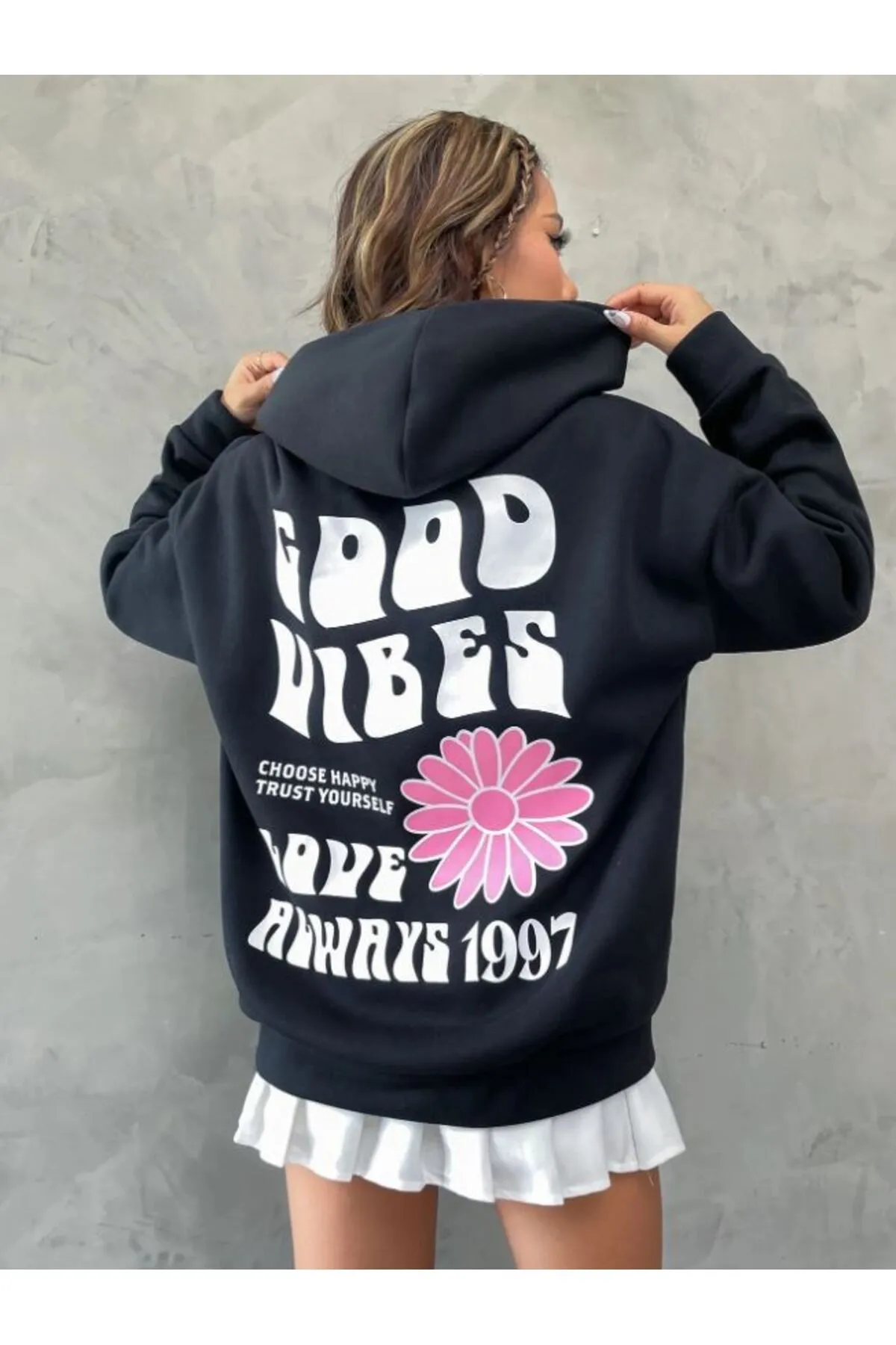Know  Schwarzes Good Vibes 1997 bedrucktes Kapuzensweatshirt für Damen