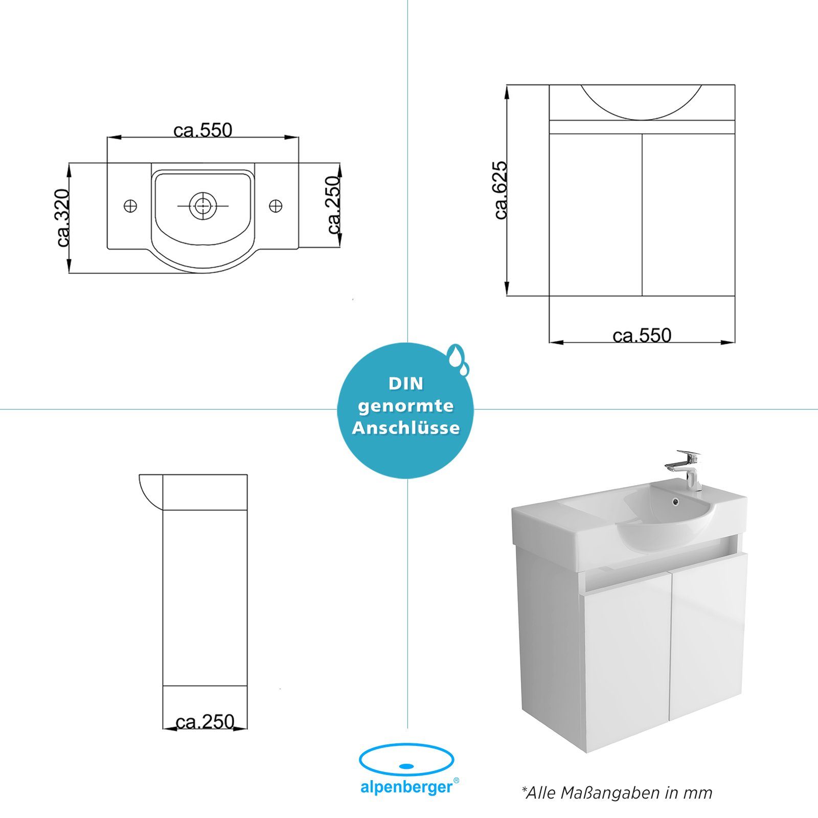 Alpenberger Waschbecken Badmöbel SET 55 cm Breit - Waschtisch mit Unterschrank in Weiß (Komplett-Set Vormontiert für Gäste WC & Bad, 2-St., 2-tlg. Stauraum Schrank), Soft-Close Schrank 2-türig, pflegeleichtes Keramik Becken