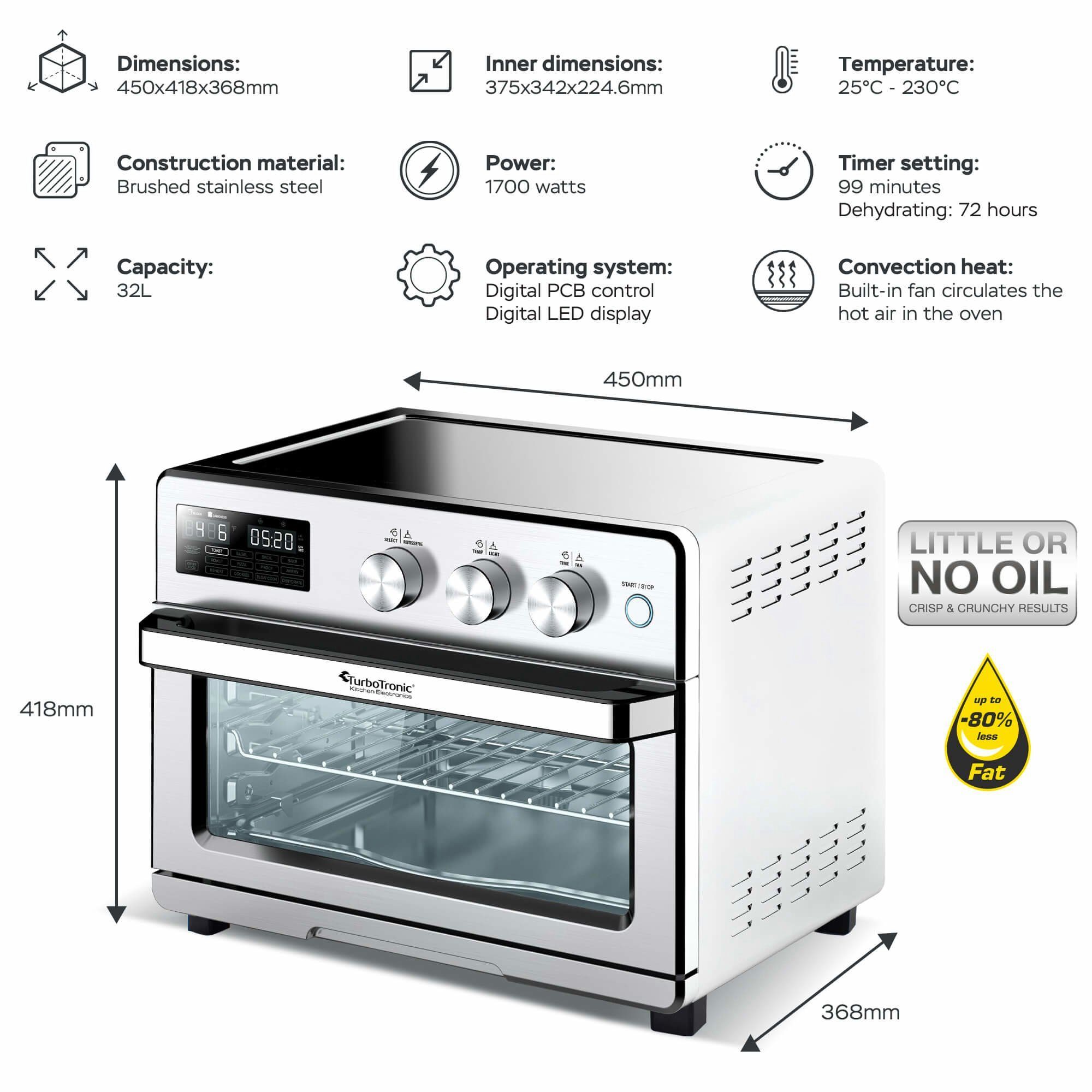 TurboTronic by Z-Line Minibackofen Digitaler Heißluftofen XXL, AF32DRD -32 Liter mit Drehspieß 4in1