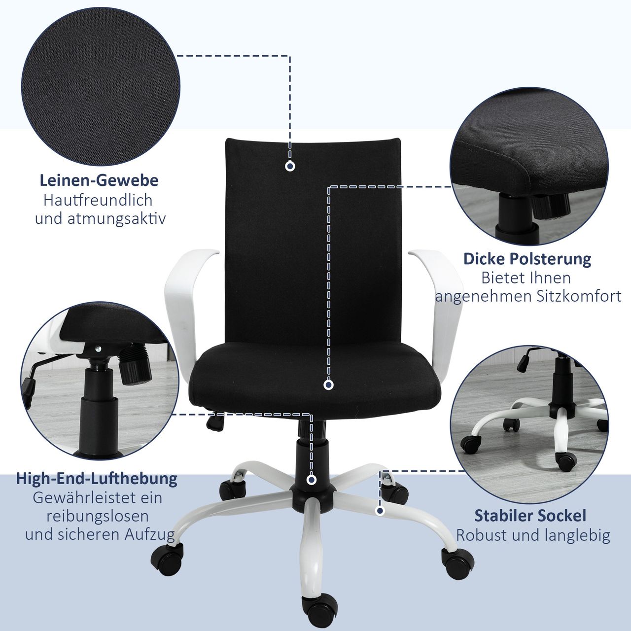 HOMCOM Bürostuhl Schreibtischstuhl Netzrückenstütze mit Wippenfunktion Kopflehne Home-Office-Stuhl höhenverstellbarer ergonomisch 360°-Drehräder Schaumstoff Nylon Schwarz 61 x 61 x 89-99 cm