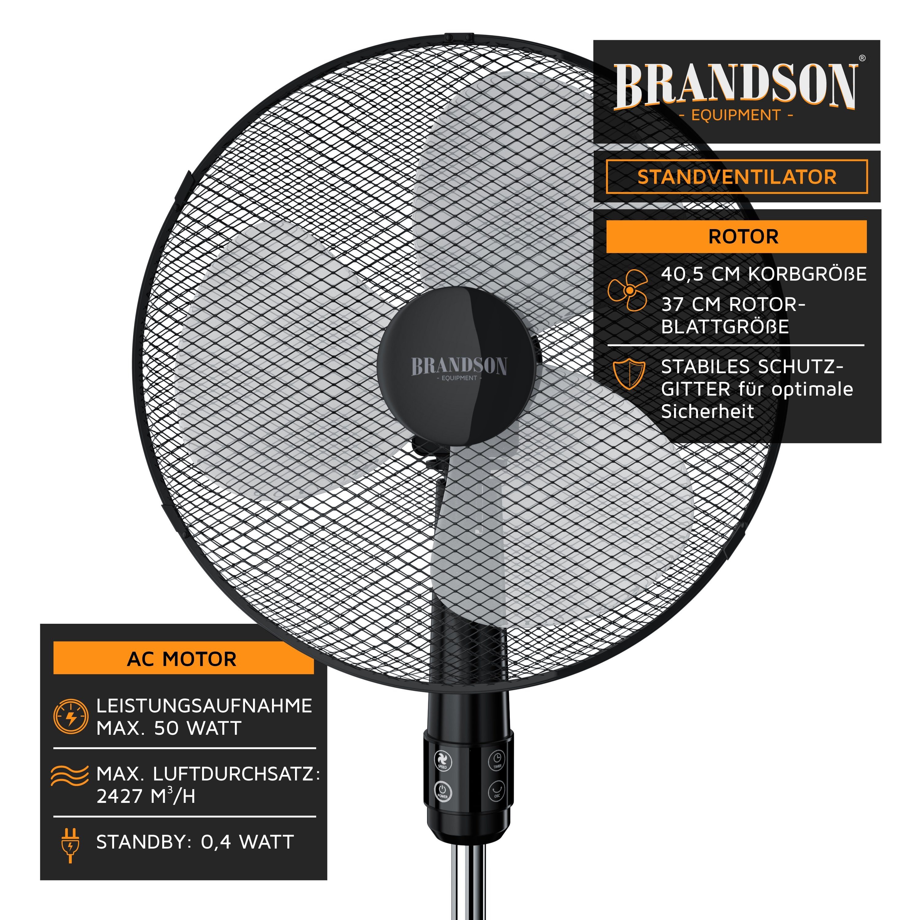 Brandson Standventilator, 40,5 cm Durchmesser, Fernbedienung, leise, Höhe & Neigung verstellbar, Oszillation, 50W