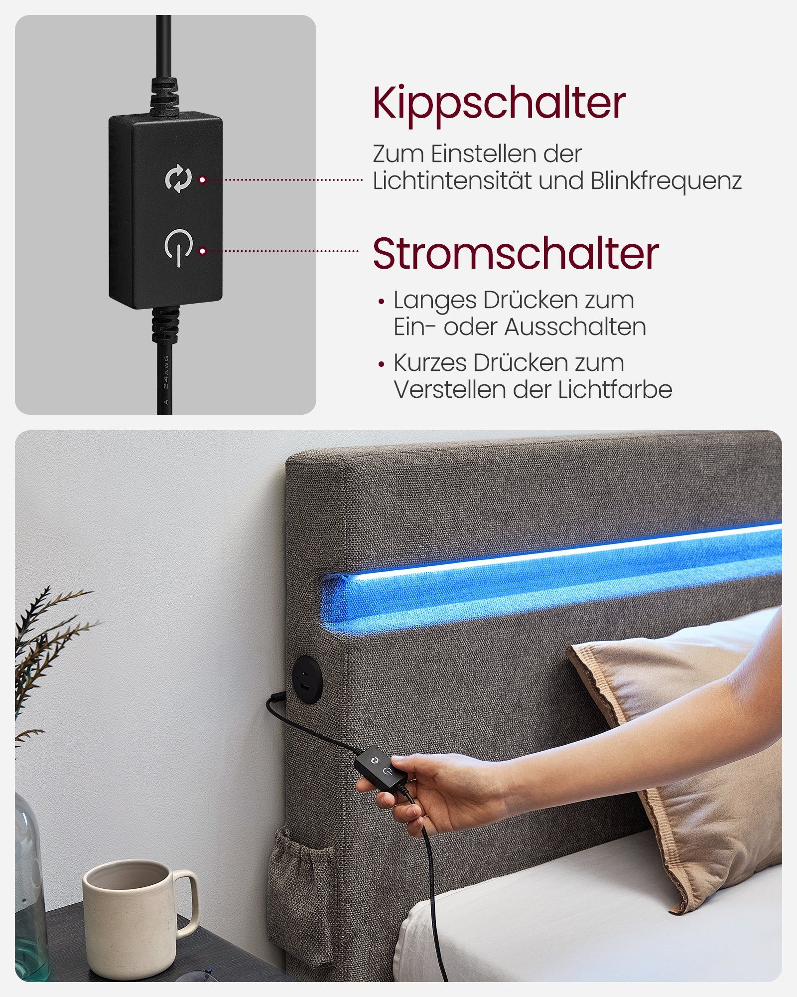 VASAGLE Polsterbett, Bettgestell, 25 Farben und 10 Blinkmustern, USB- und TYPE-C Anschluss