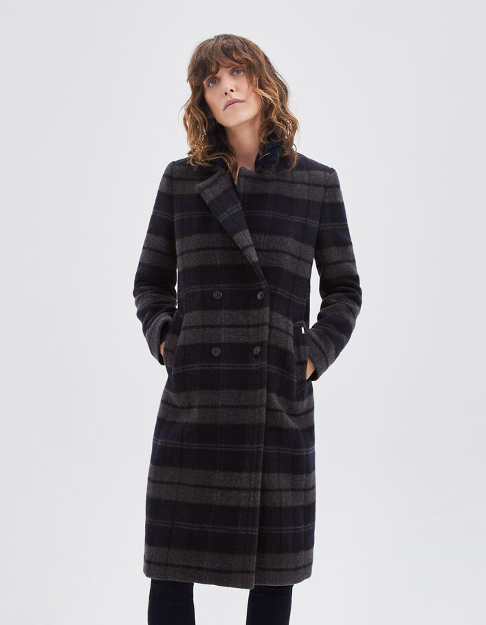 Manteau long gris à motif carreaux Femme