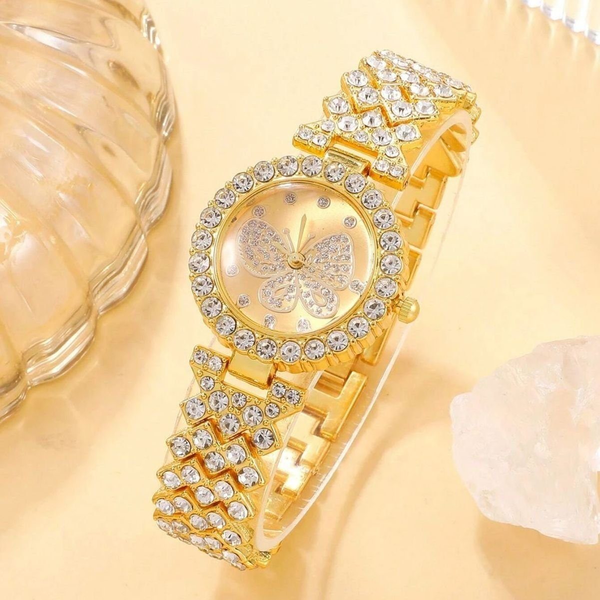 KUGI Quarzuhr 5pcs Damenuhr Set Damen Halskette aus Metall Ohrringe, (Quarzuhr, Diamanthalskette, Diamantarmband, zwei Diamantohrstecker und ein Diamantring Modeaccessoires, die zu verschiedenen Kleidungsstilen und Taschen getragen werden können, Die