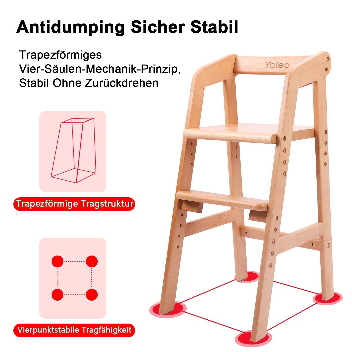 YOLEO Hochstuhl Hochstuhl Mitwachsender Holz Stuhl für kinder 2 - 12 Jahren