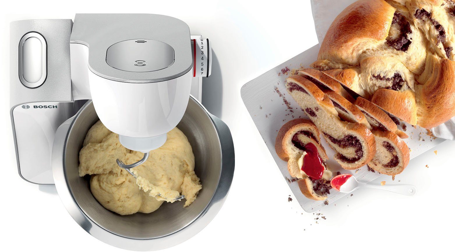 BOSCH Küchenmaschine CreationLine MUM58W20, 1000 W, 3,9 l Schüssel, vielseitig einsetzbar, Mixer, Durchlaufschnitzler, 3 Reibescheiben